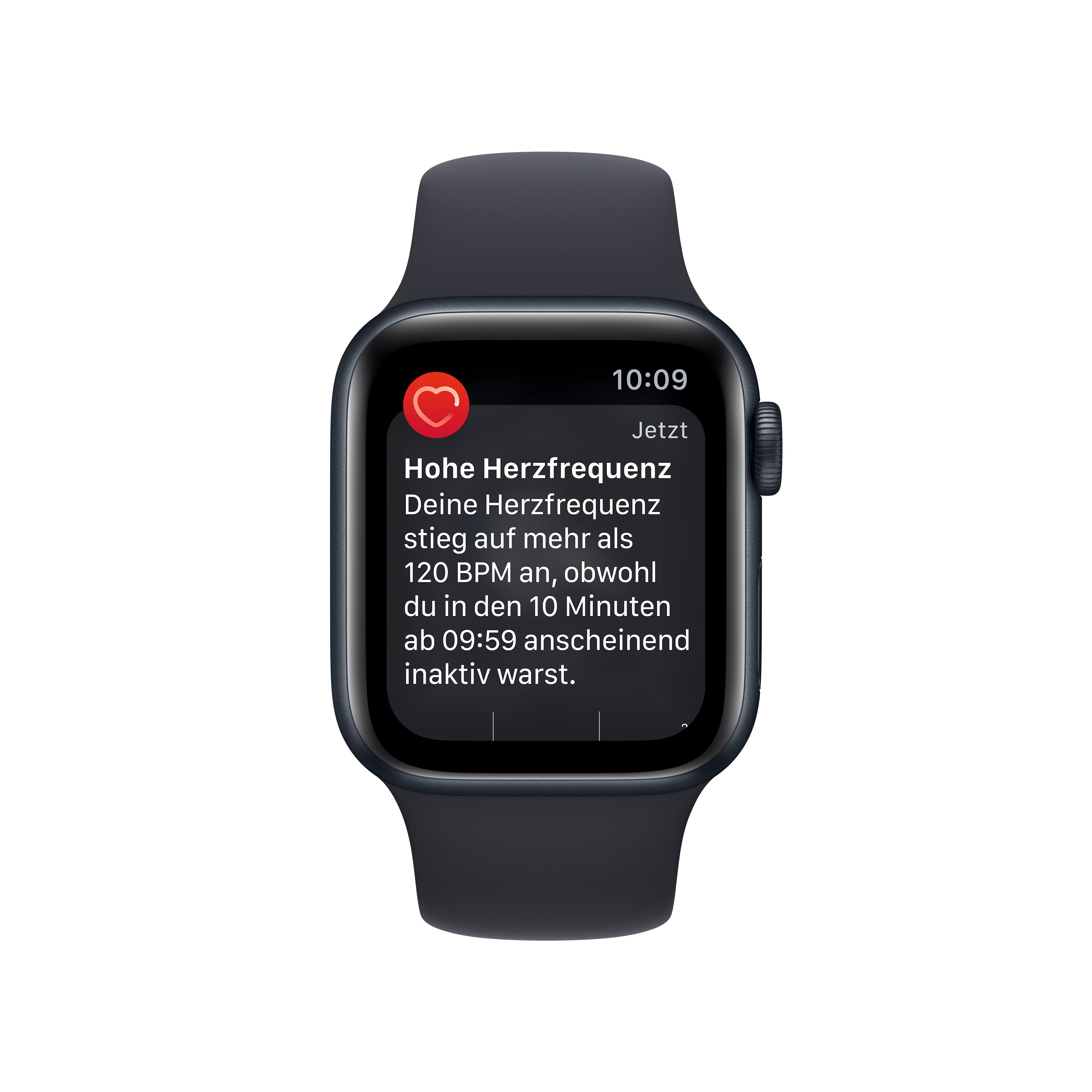 Eine Smartwatch, die eine Benachrichtigung über einen hohen Herzfrequenz anzeigt, mit Text auf Deutsch, weißer Hintergrund.