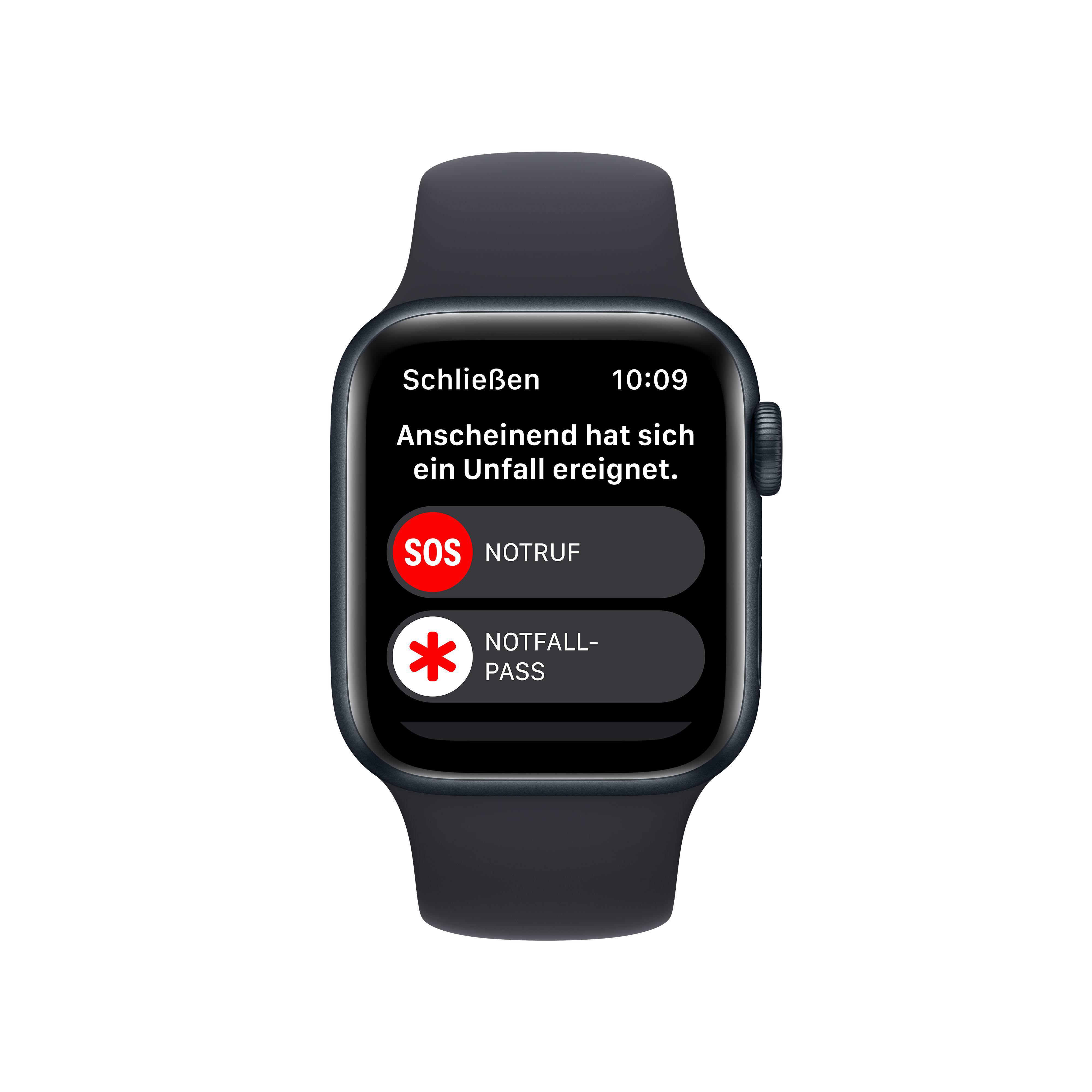 Schwarze Smartwatch, die einen Notfallbildschirm mit SOS und einem medizinischen Symbol zeigt.