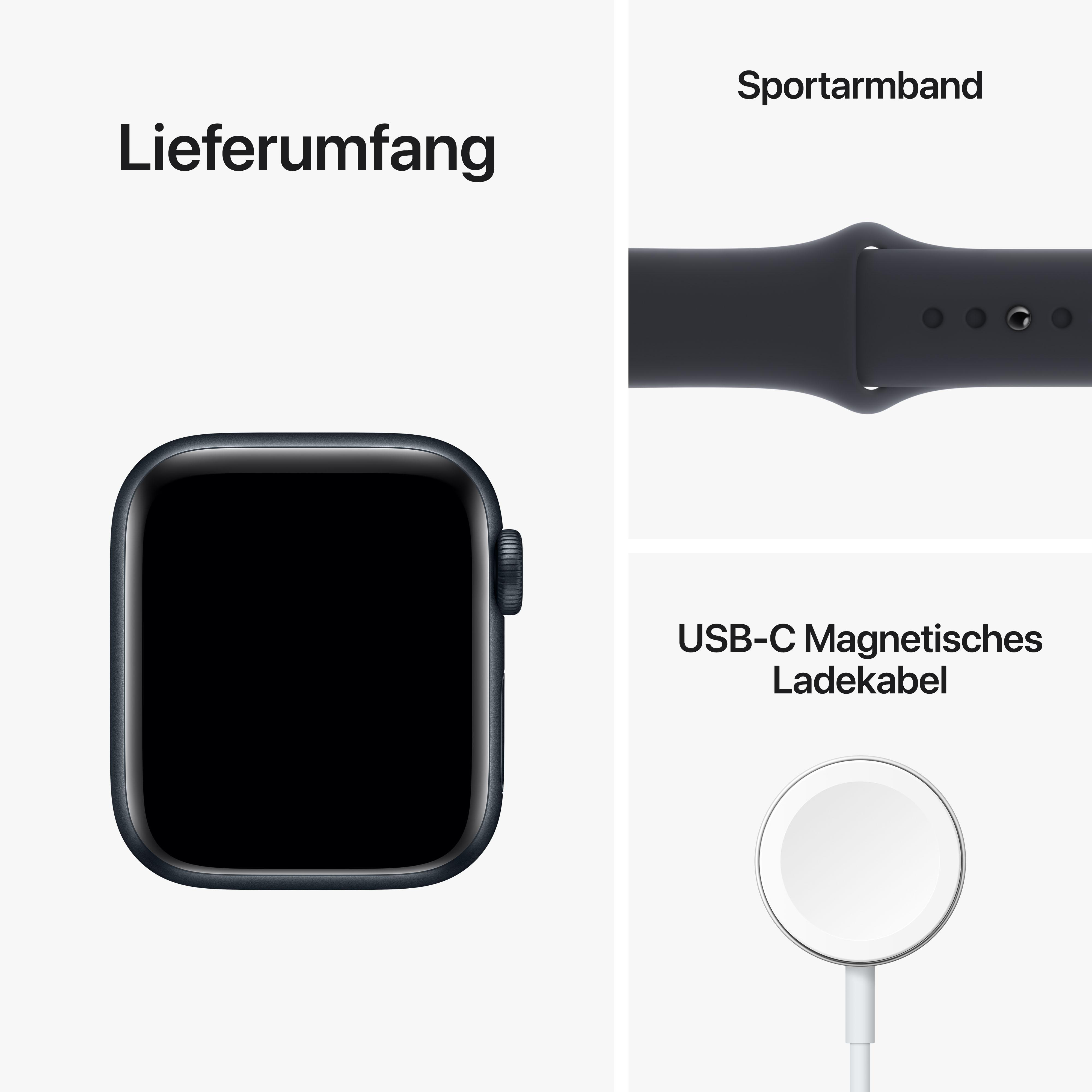Eine Uhr, Sportarmband und Ladekabel auf weißem Hintergrund. Text auf Deutsch.