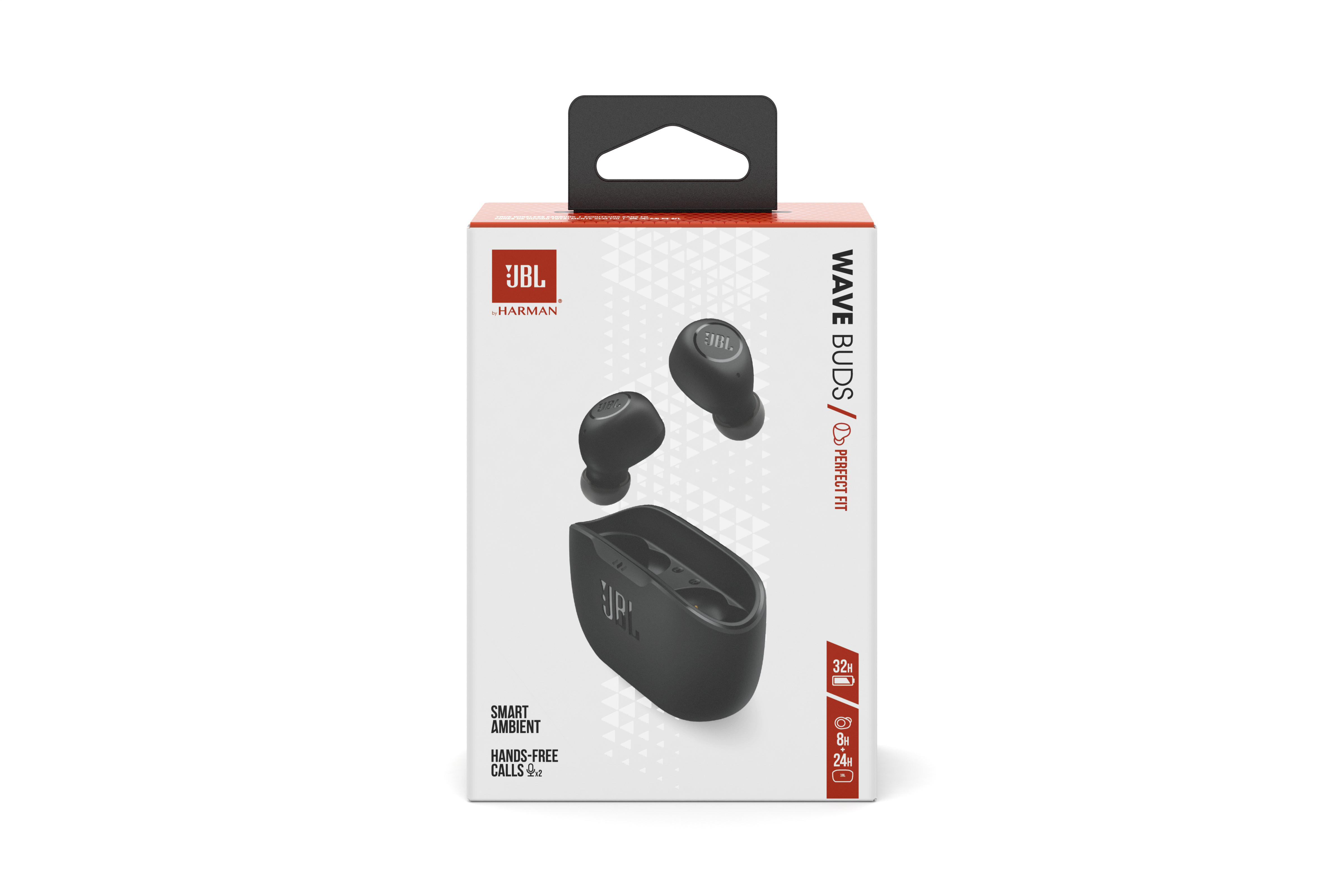 Eine JBL Wave Buds Box mit Ohrhörern und Ladecase, auf weißem Hintergrund.