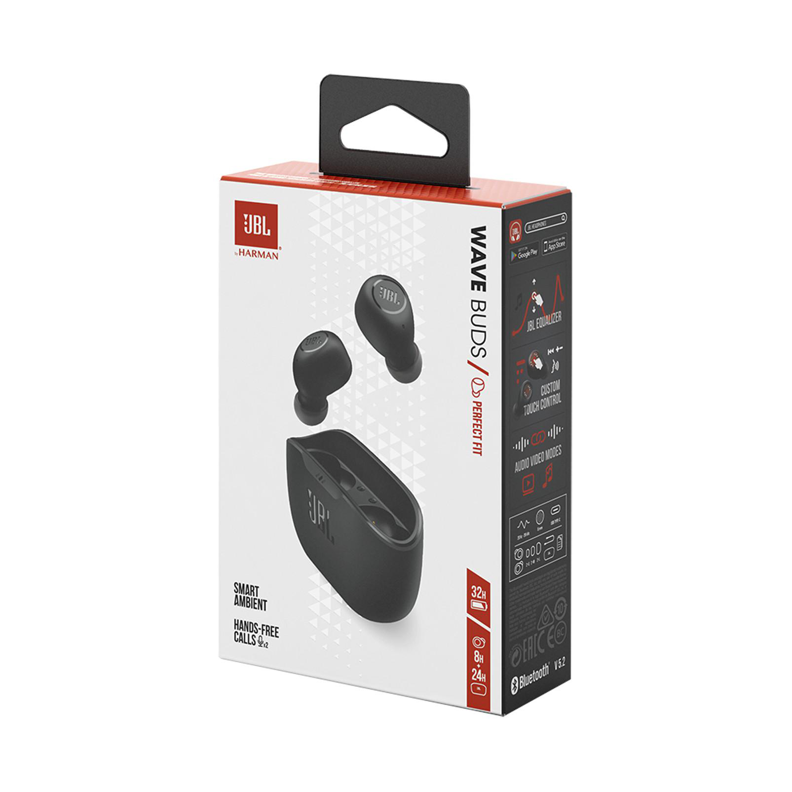 JBL Wave Buds Box, Ohrhörer und Ladecase. Schwarze Ohrhörer. Weißer Hintergrund.