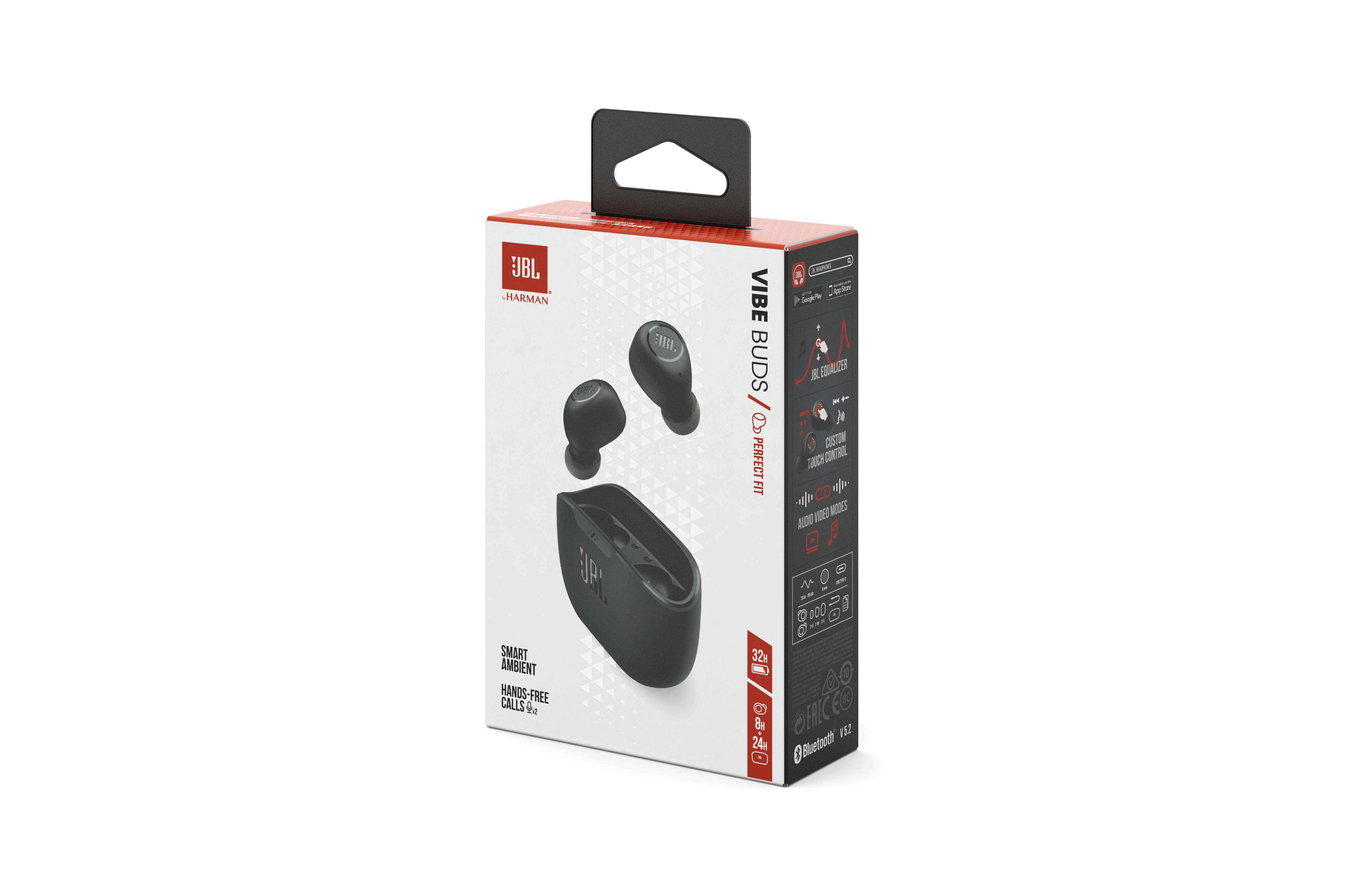 JBL Vibe Buds Box mit Ohrhörern und Hülle. Die Box ist weiß mit Produktinformationen.