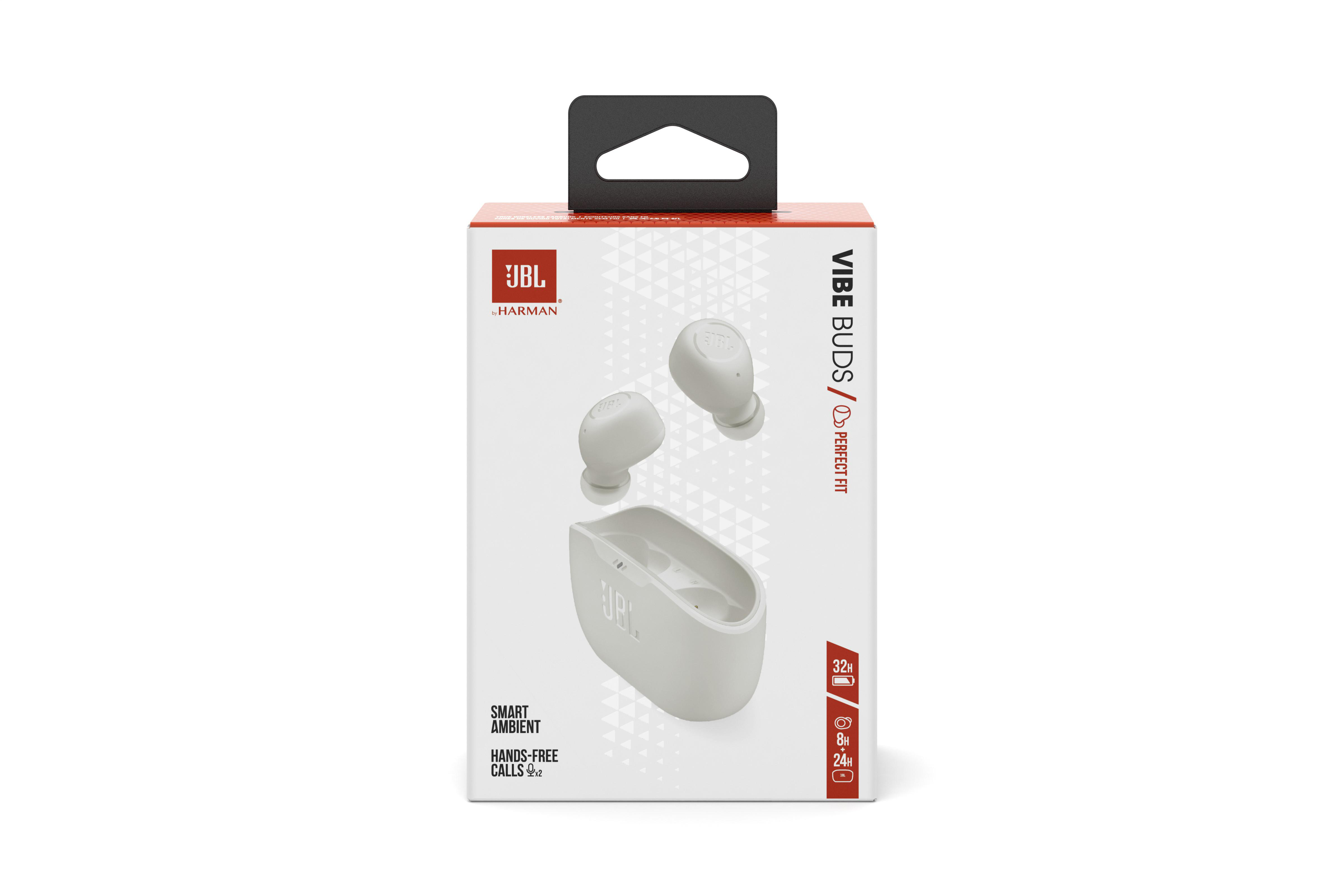 Weiße JBL-Ohrhörer und -Etui auf einer weißen Box. Die Box hat den Markennamen und Produktdetails.