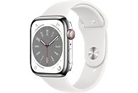 APPLE Watch Series 8 (GPS + Cellular) 45 mm Smartwatch Edelstahl Fluorelastomer, 140 - 220 mm, Armband: Weiß, Gehäuse: Silber