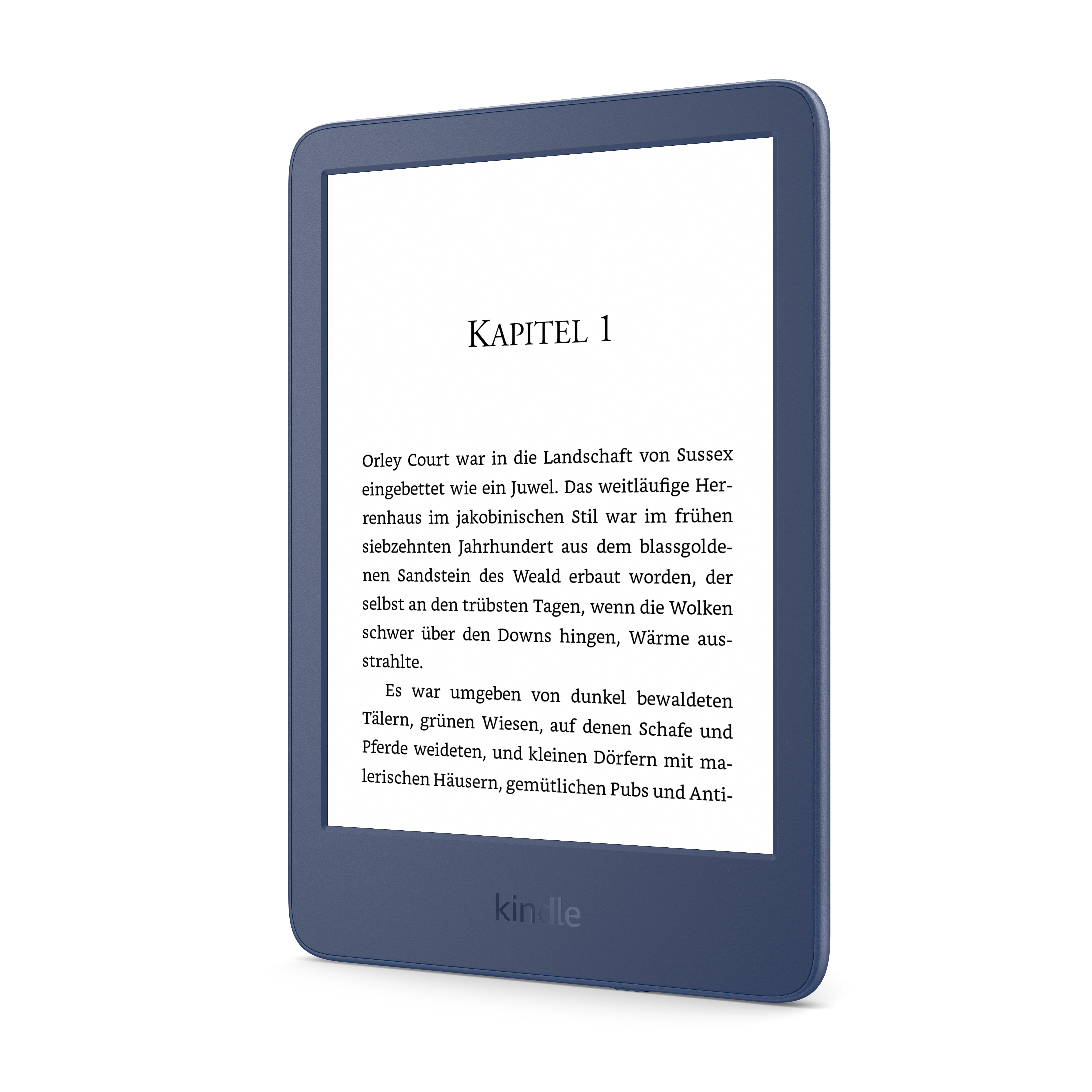 Kindle E-Reader, Marineblau, mit Text auf dem Bildschirm in Deutsch, Kapitel 1.