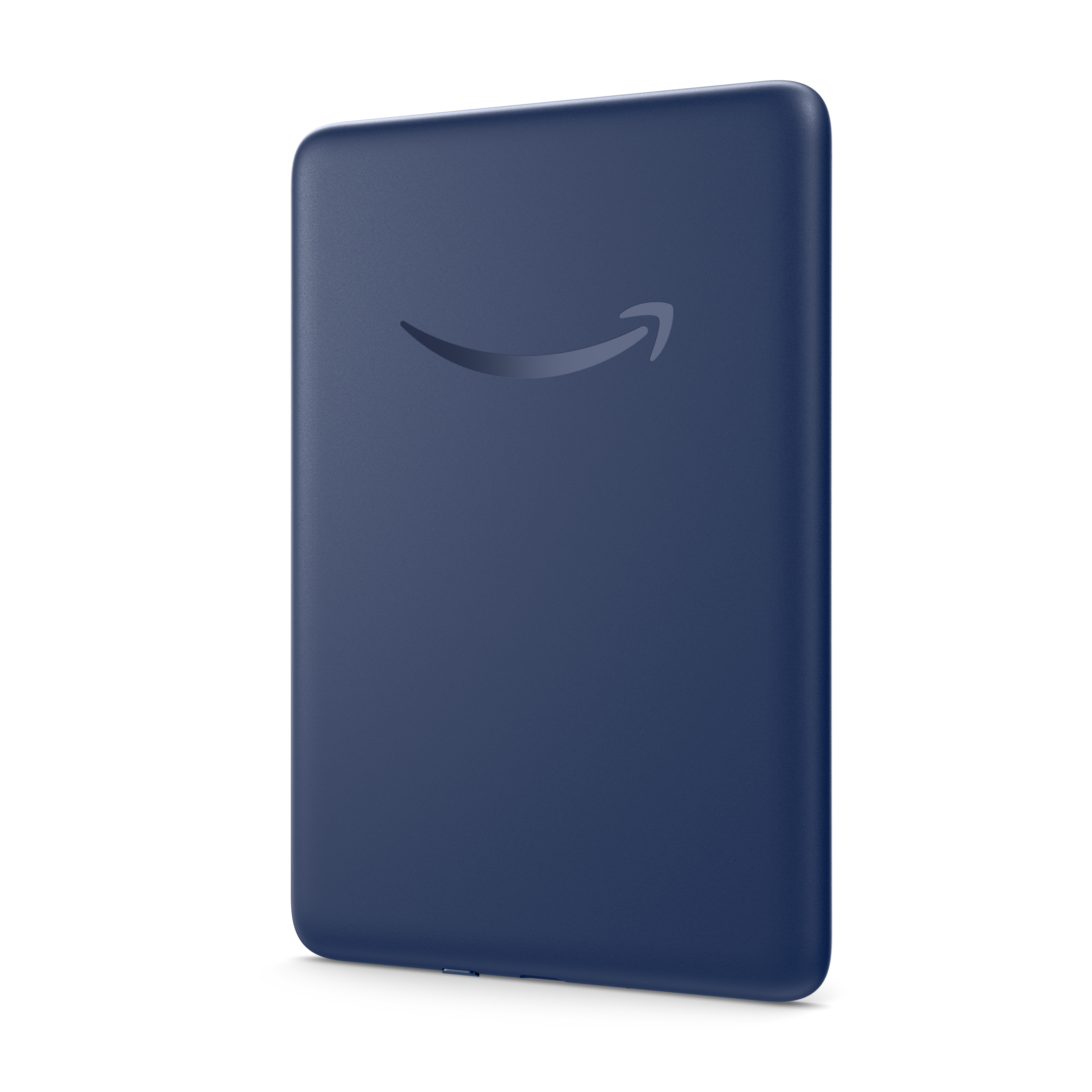 Eine marineblaue Amazon Kindle-Hülle, leicht angewinkelt, vor weißem Hintergrund.