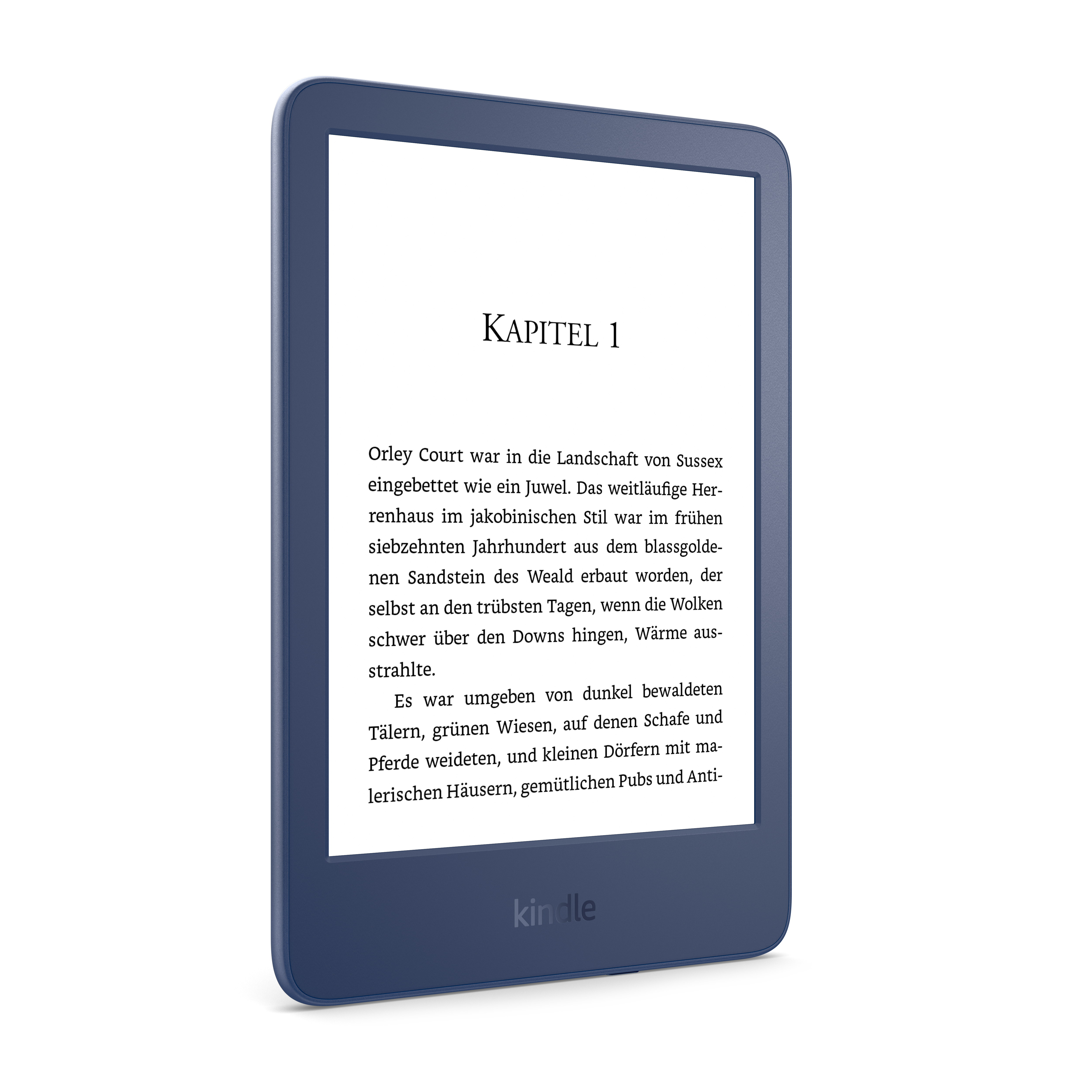 Kindle-Gerät, das Text anzeigt, in einem blauen Rahmen, auf weißem Hintergrund.