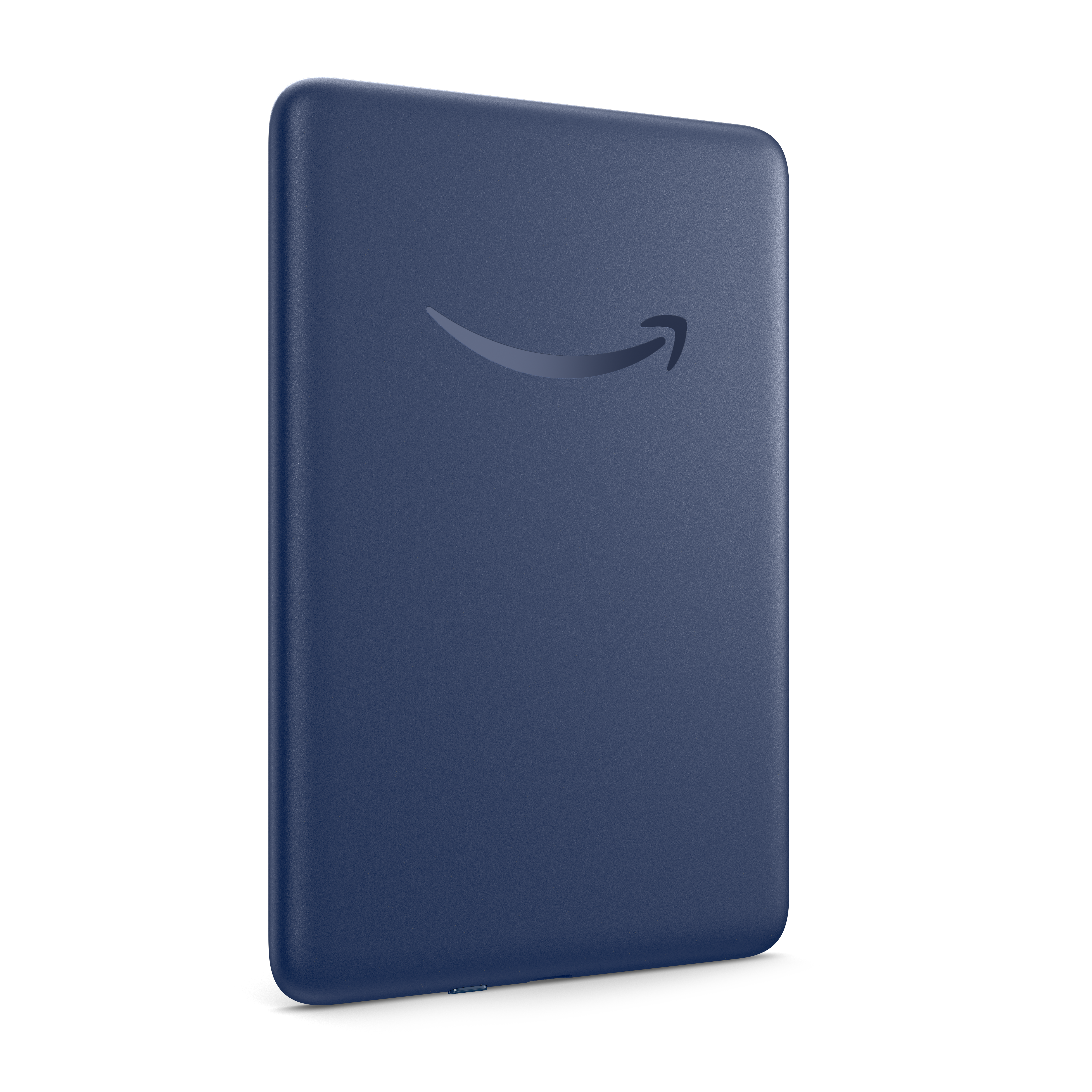 Blauer Amazon Kindle. Rückansicht, das Kindle-Logo zeigend.