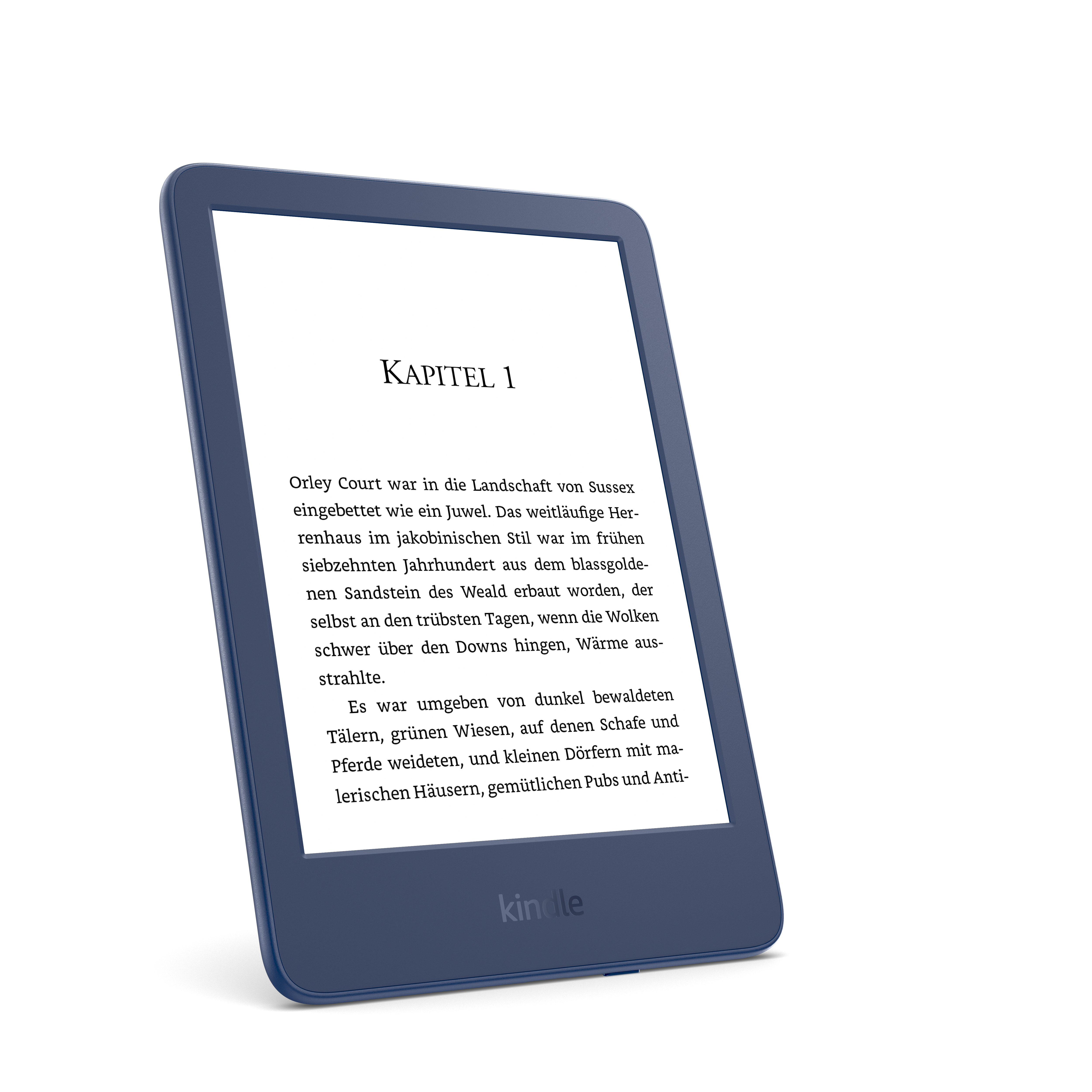 Ein Kindle E-Reader zeigt Text auf seinem Bildschirm an. Es ist blau, mit weißem Bildschirm und schwarzem Text.