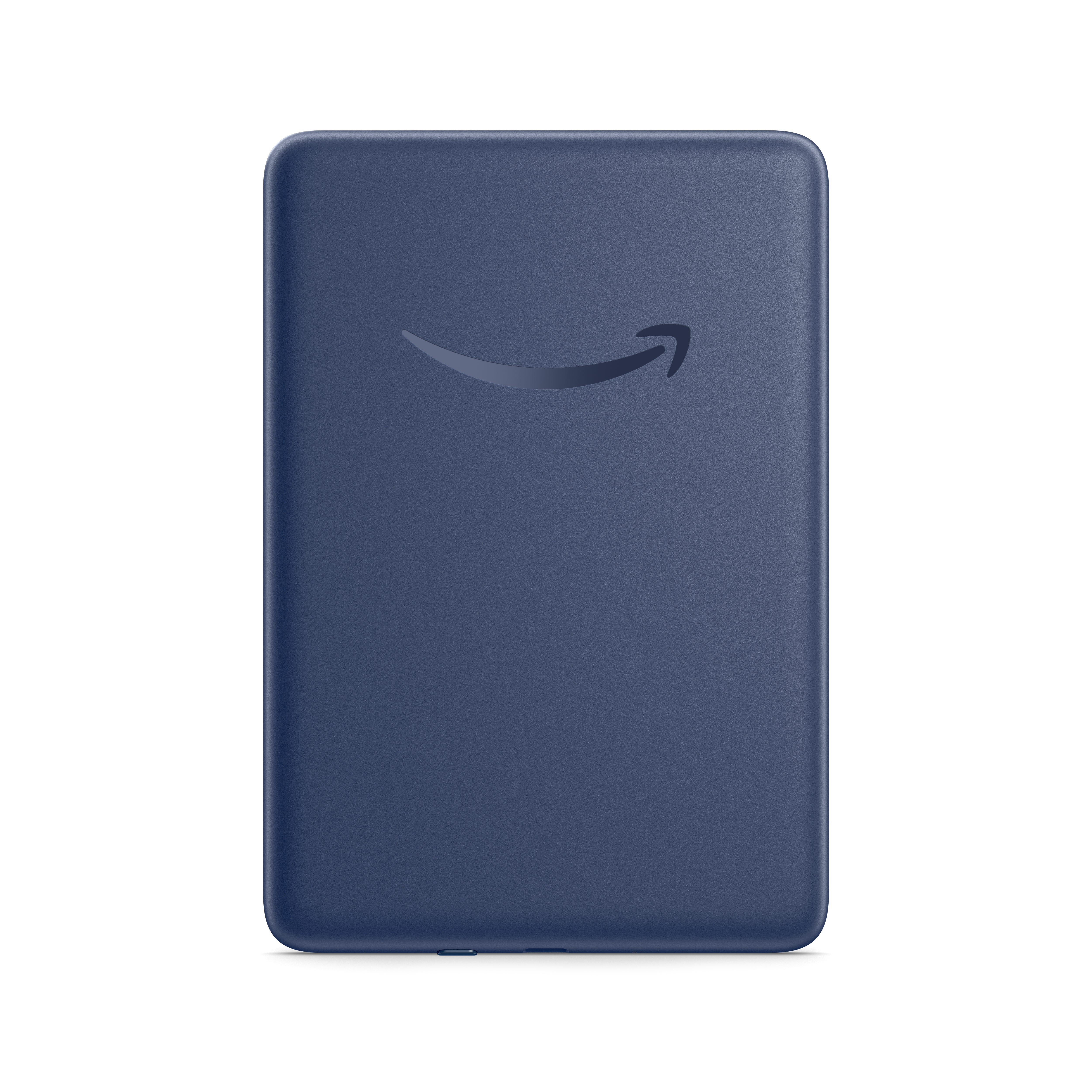 Blauer E-Reader. Amazon-Logo. Rechteckige Form, glatte Oberfläche, dunkelblaue Farbe.
