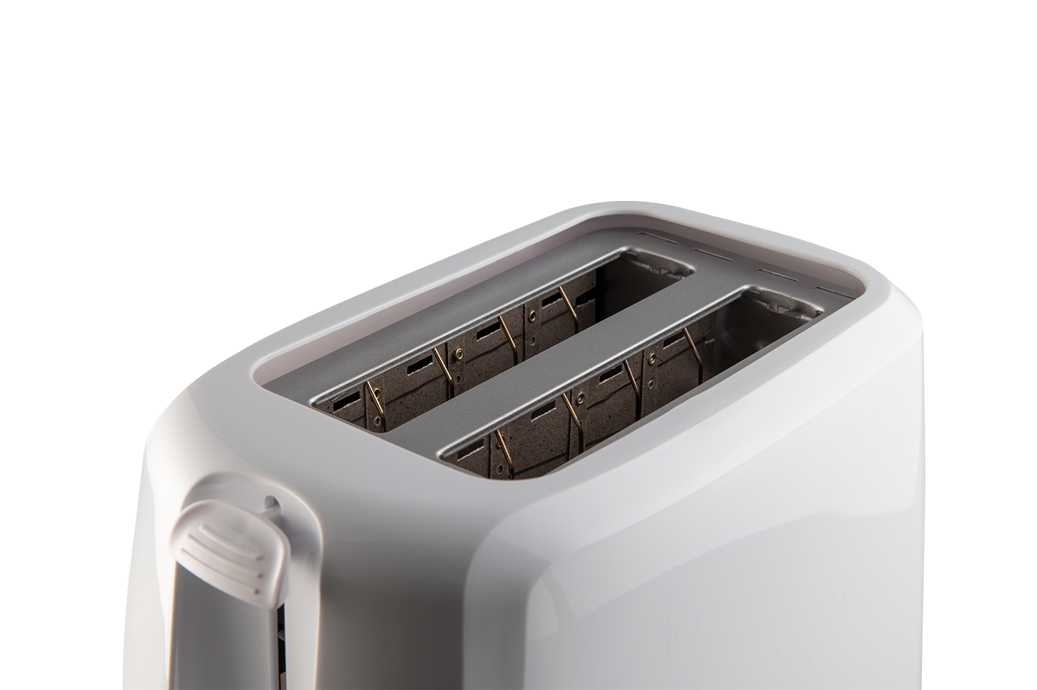 Nahaufnahme eines weißen Toasters mit zwei Schlitzen. Die Heizelemente sind sichtbar.