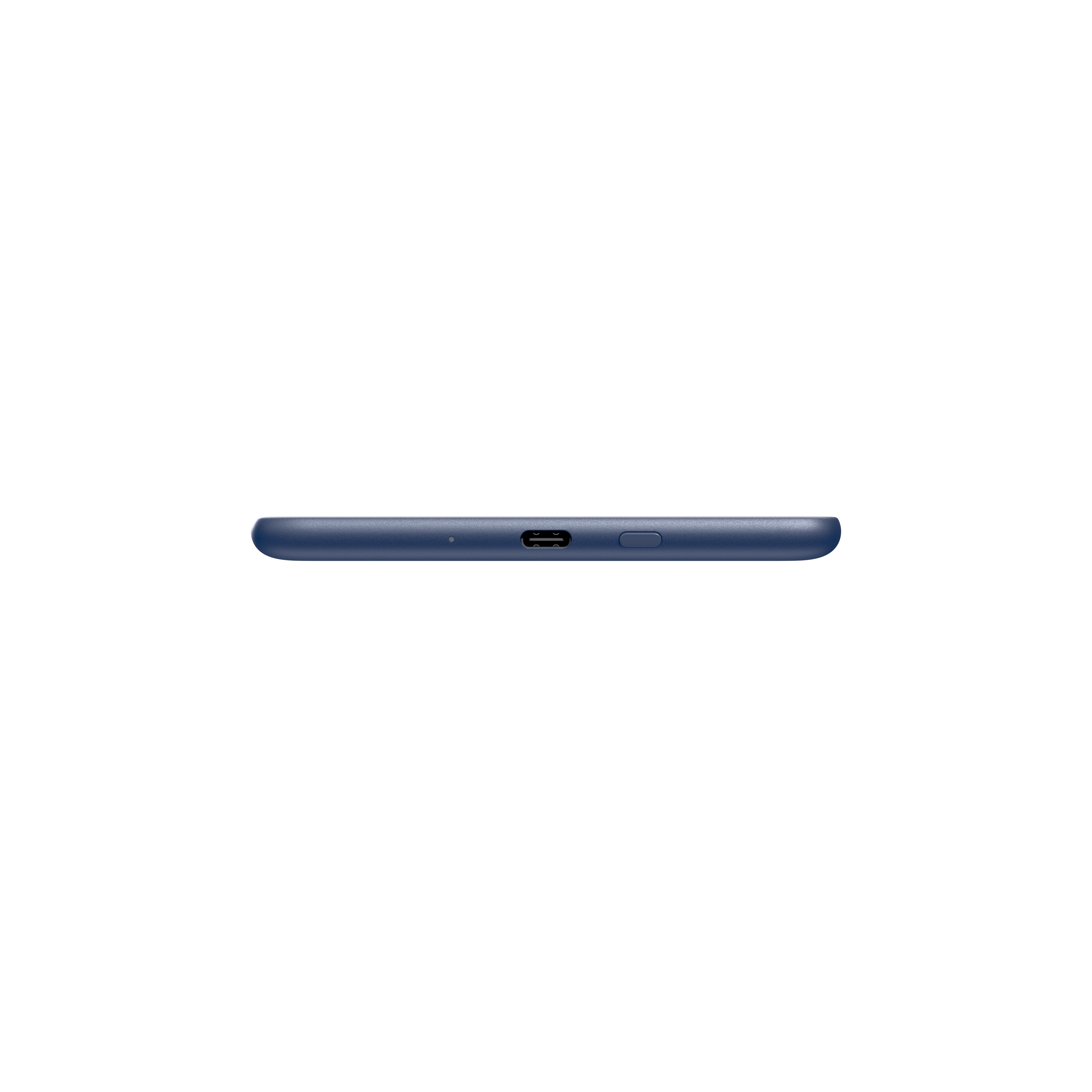 Seitenansicht eines blauen Smartphones mit Ladeanschluss und Taste. Schwarzer Hintergrund.