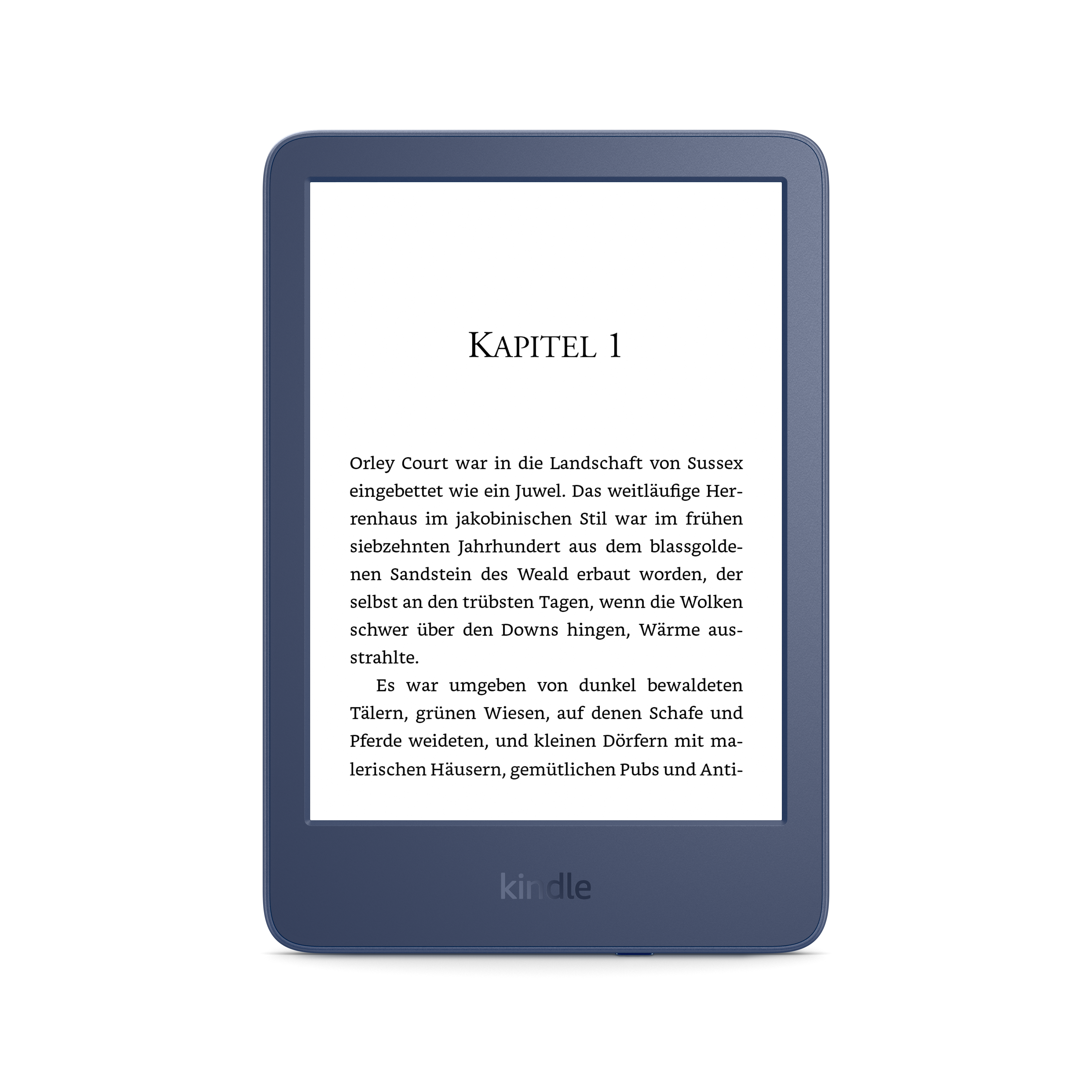 Kindle E-Reader mit Textanzeige auf dem Bildschirm mit blauem Rahmen.