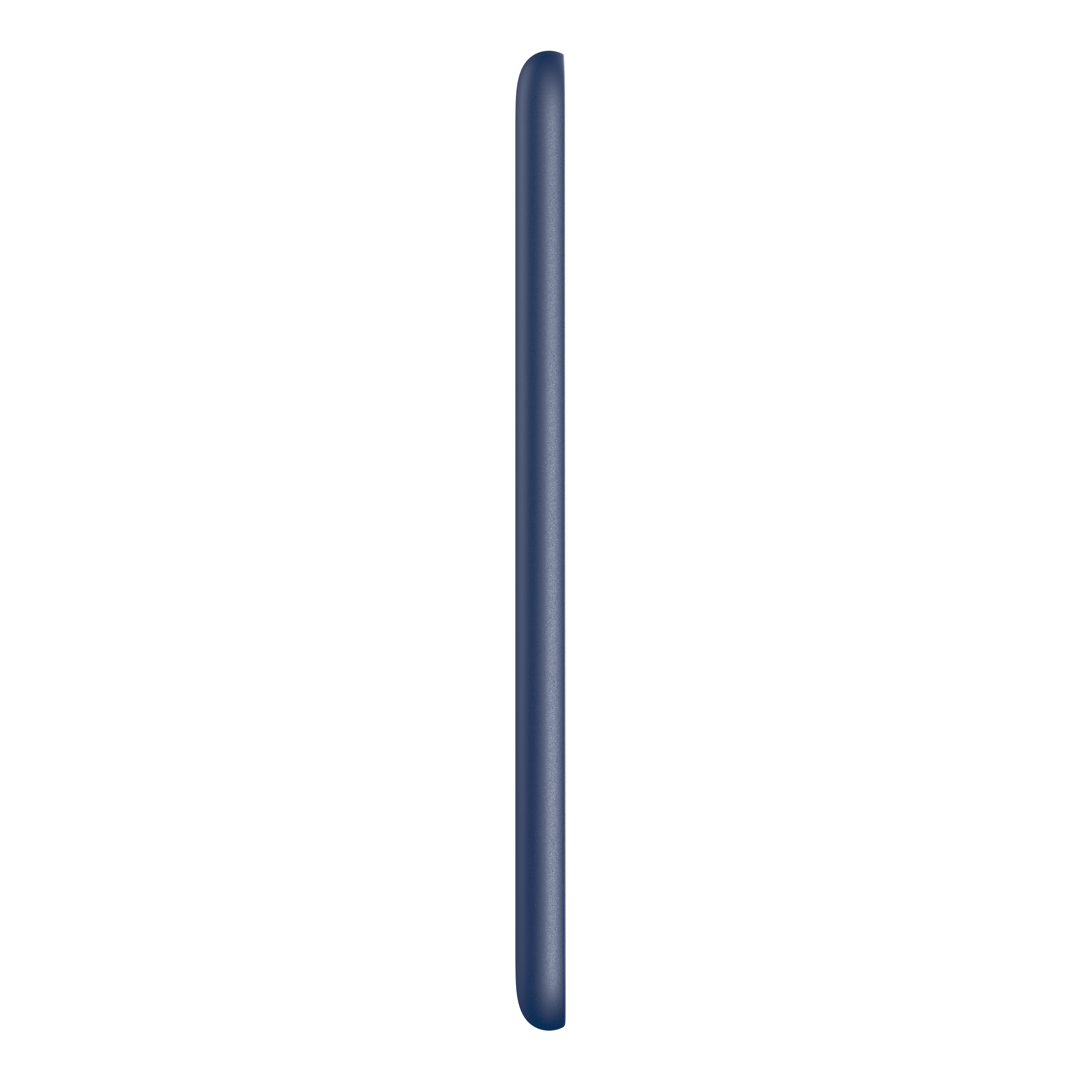 Dunkelblaue Telefonseitenansicht vor schwarzem Hintergrund.