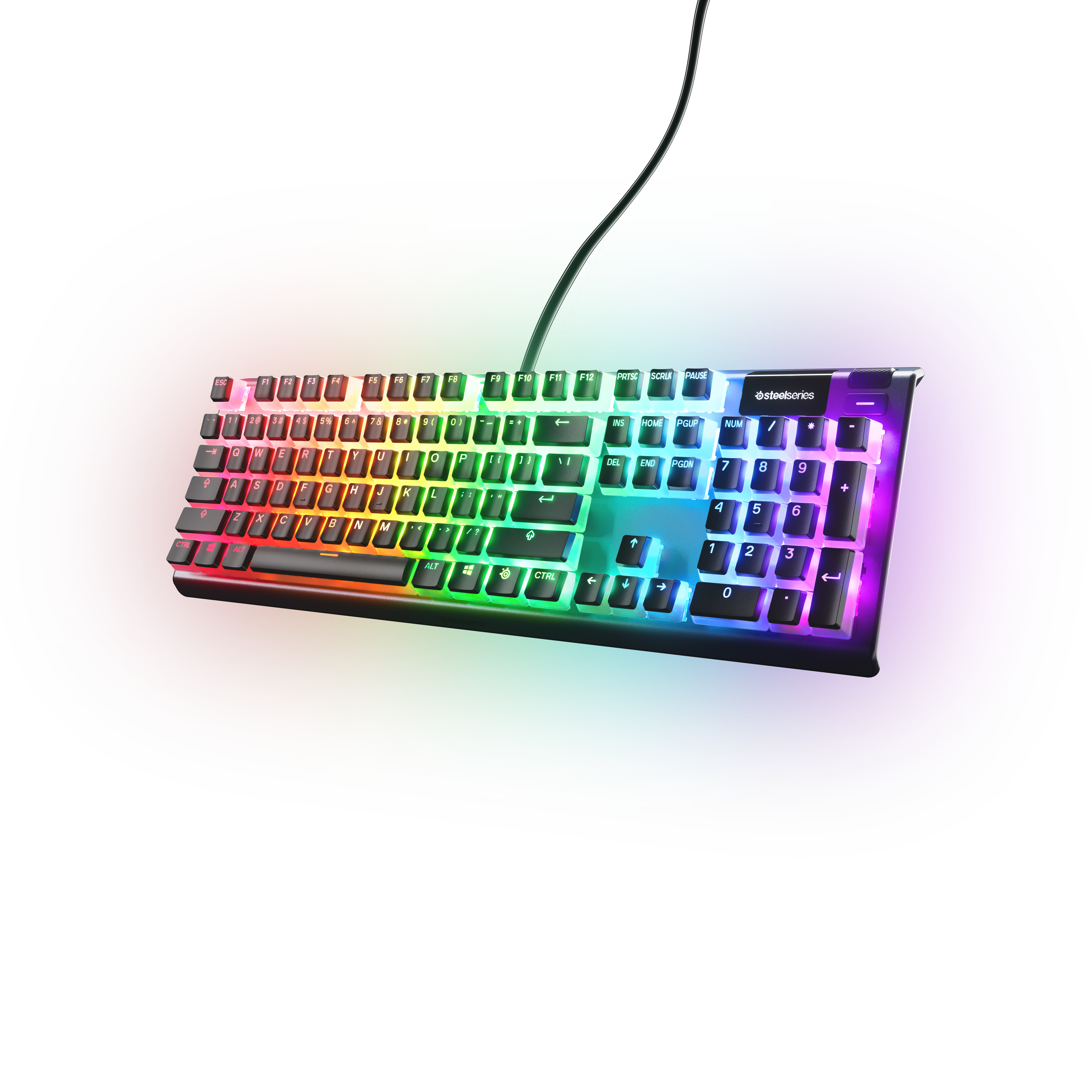 RGB-Tastatur auf weißer Oberfläche, mit farbig beleuchteten Tasten.