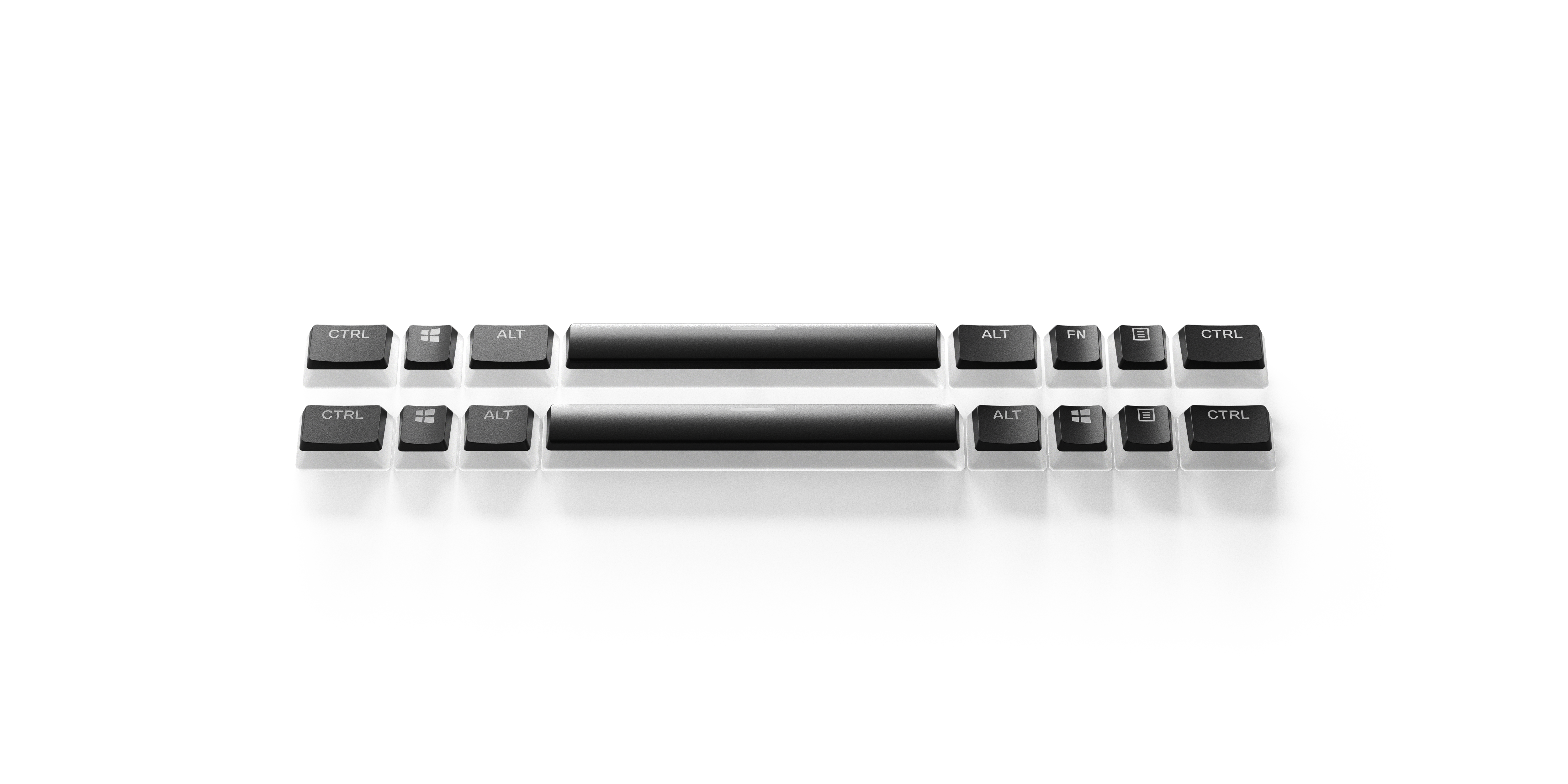 Zwei Reihen Tastaturtasten auf schwarzem Hintergrund. Strg, Windows, Alt, Leertaste, Alt, Fn, Strg.