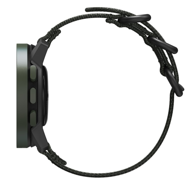 Seitenansicht einer schwarzen Suunto Uhr mit grünem Armband.