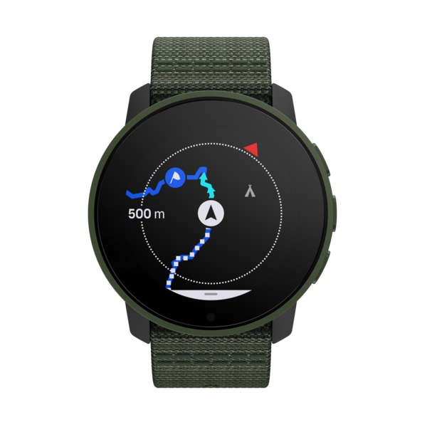 Grüne und schwarze Smartwatch. Zeigt eine Kartenroute. Schwarzes Armband und schwarzer Hintergrund.