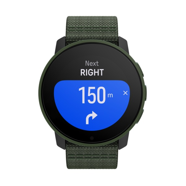 Eine grüne Smartwatch zeigt einen Navigationsbildschirm mit "Rechts" und "150m".