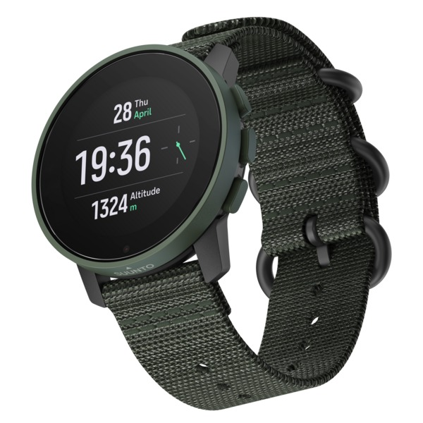 Dunkelgrüne Suunto-Uhr mit grünem Stoffband.