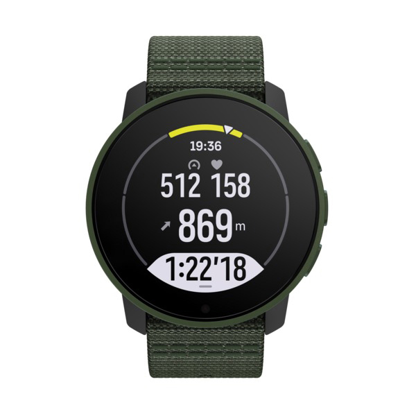 Eine schwarz-grüne Suunto-Uhr mit Anzeige von Zeit, Herzfrequenz, Höhe und Dauer.
