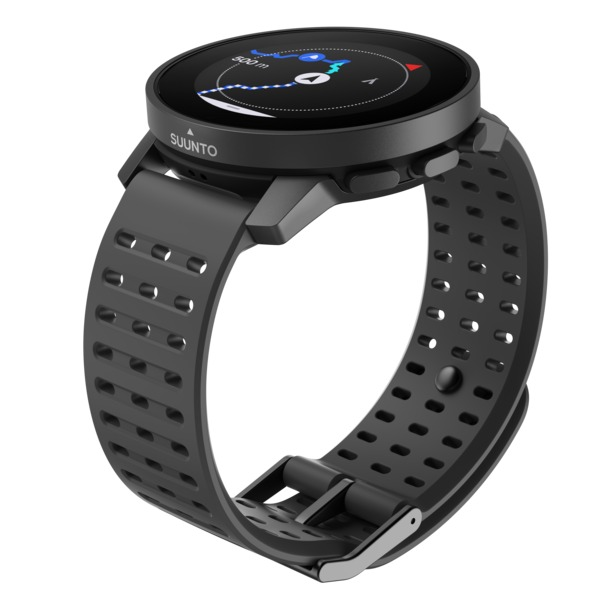 Eine schwarze Suunto Smartwatch mit schwarzem Armband, zeigt Karte und Distanzinformationen.