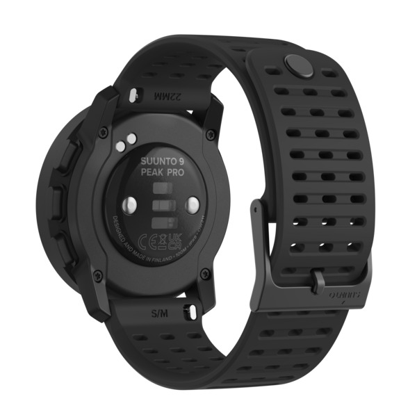Schwarze Suunto 9 Peak Pro Uhr, Rückansicht, mit schwarzem Armband, zeigt die Uhrdetails.