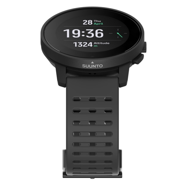 Eine schwarze Suunto Smartwatch mit Anzeige von Zeit, Datum und Höheninformationen.