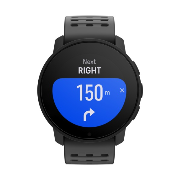 Eine schwarze Smartwatch, die eine Route mit blauem Overlay und Anweisungen anzeigt.