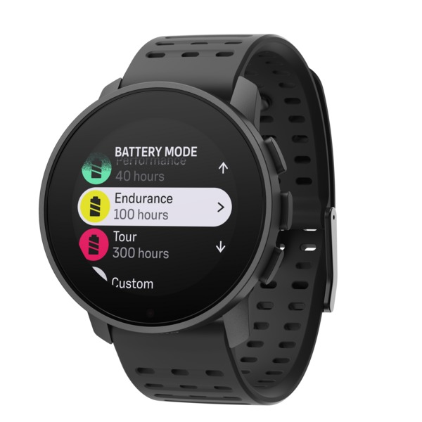 Schwarze Smartwatch zeigt Batteriemodi. Der Ausdauer-Modus hat 100 Stunden Nutzung.