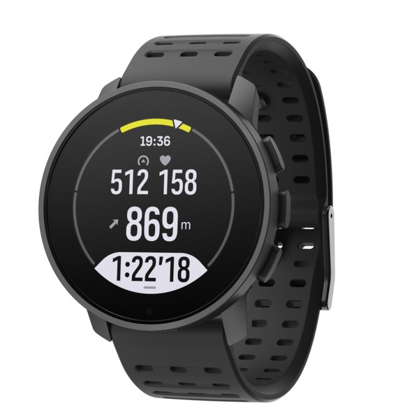 Eine schwarze Smartwatch mit rundem Display, das Zeit, Herzfrequenz und Höheninformationen anzeigt.