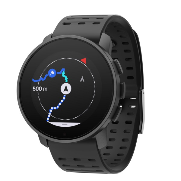 Schwarze Smartwatch, die eine Karte mit Route und Symbolen anzeigt.