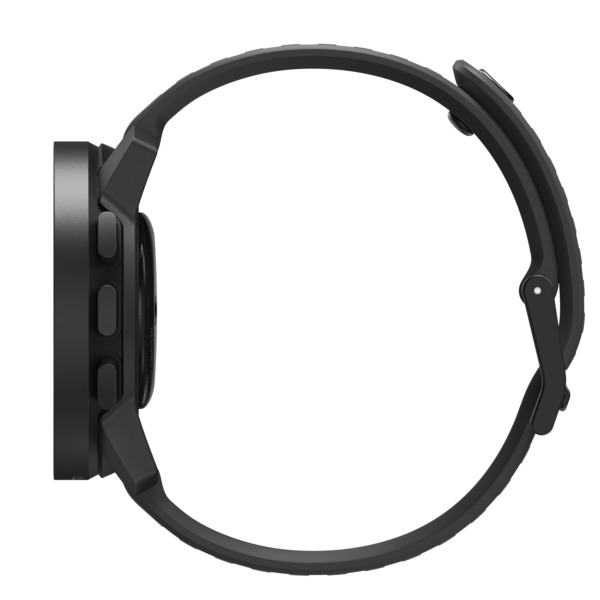 Schwarze Smartwatch, Seitenansicht, mit gebogenem Armband und drei Knöpfen.