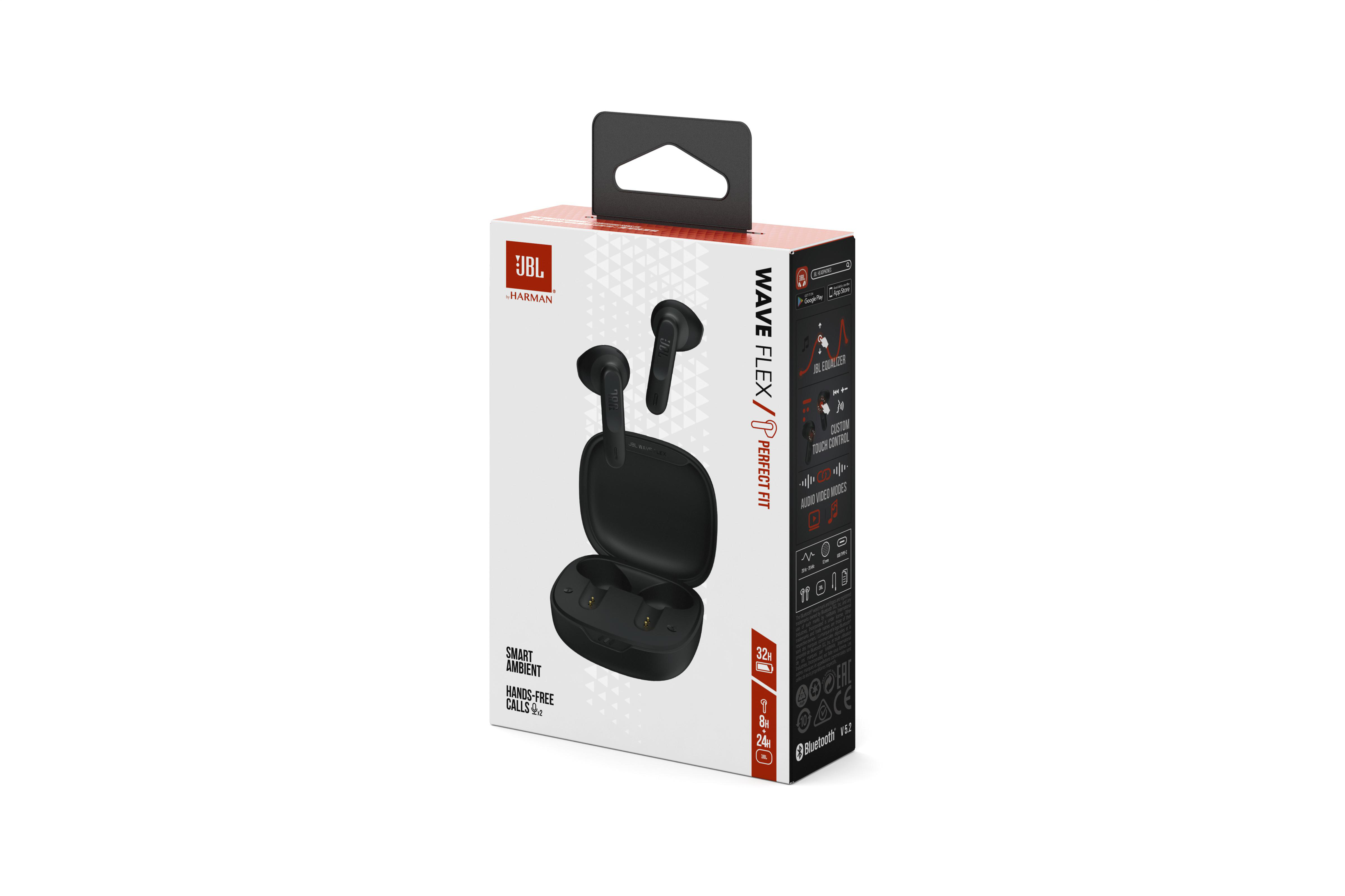 JBL Wave Flex Ohrhörer in einem Ladecase, auf weißem Untergrund.