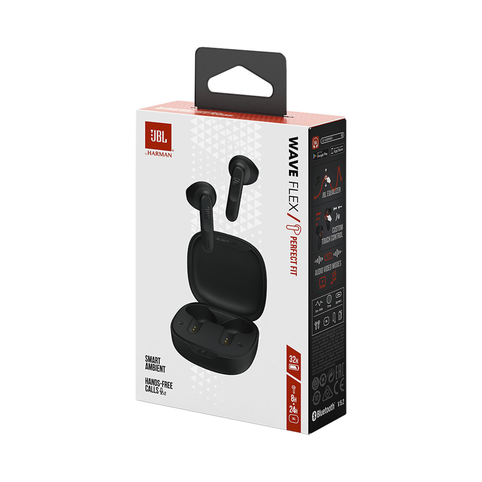 JBL Wave Flex Kopfhörerbox. Die Box ist schwarz und weiß.