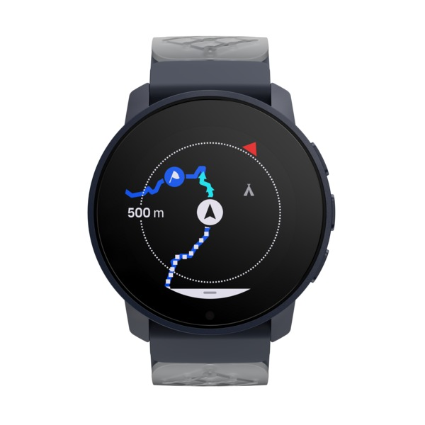 Ein Smartwatch-Bildschirm mit einer Karte, die eine Route zeigt. Die Uhr ist dunkel und hat ein schwarzes Armband.