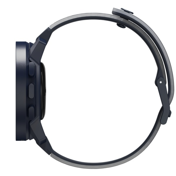 Seitenansicht einer dunkelblauen Smartwatch, rundes Design, mit grauem Armband.