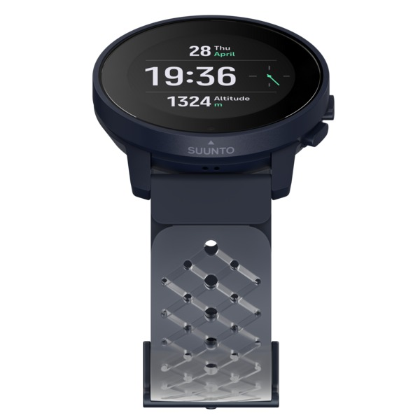 Smartwatch mit dunkelblauem Armband, zeigt Zeit und Höhe an.