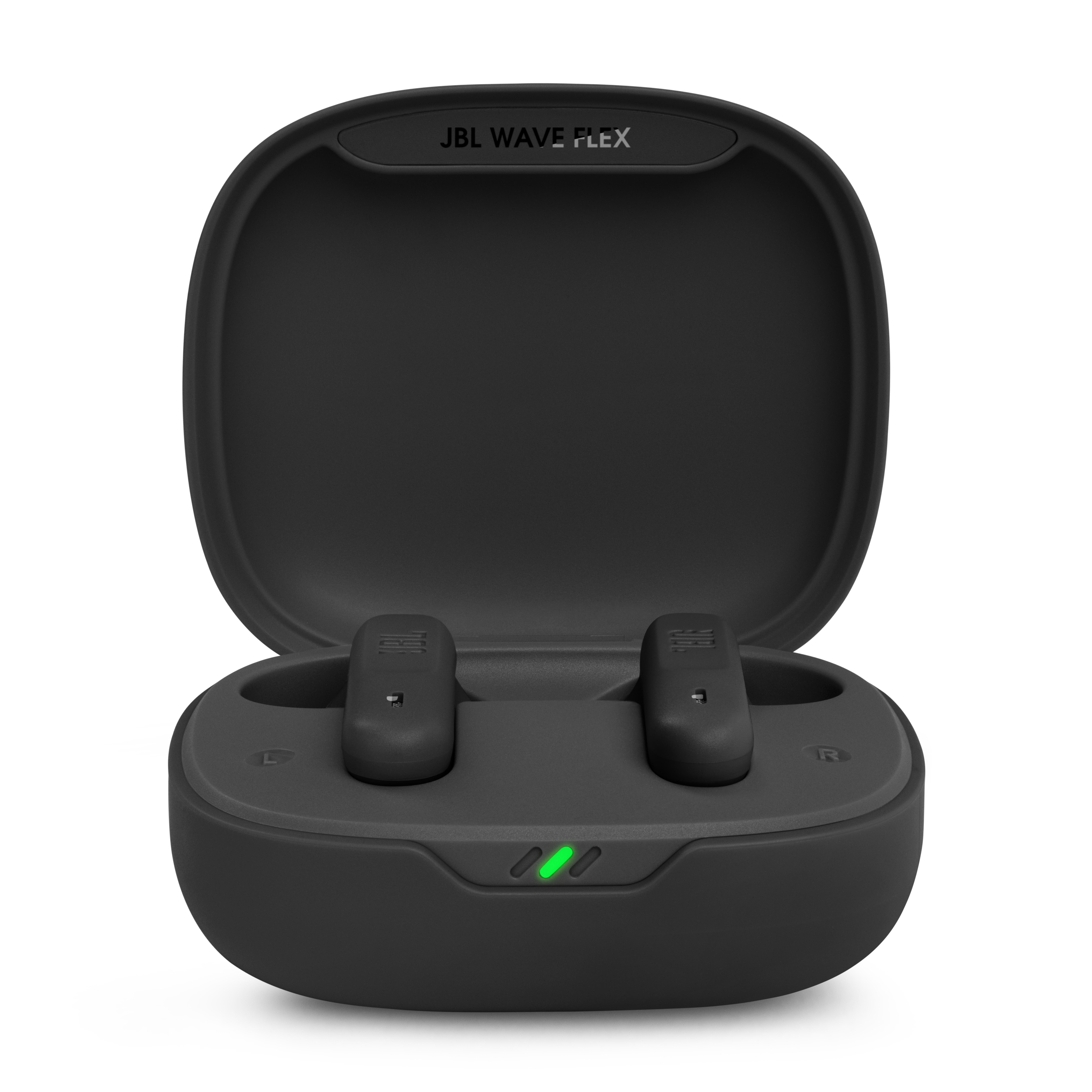 Schwarze JBL Wave Flex Ohrhörer in einem Ladeetui. Etui ist offen, Ohrhörer sind sichtbar.
