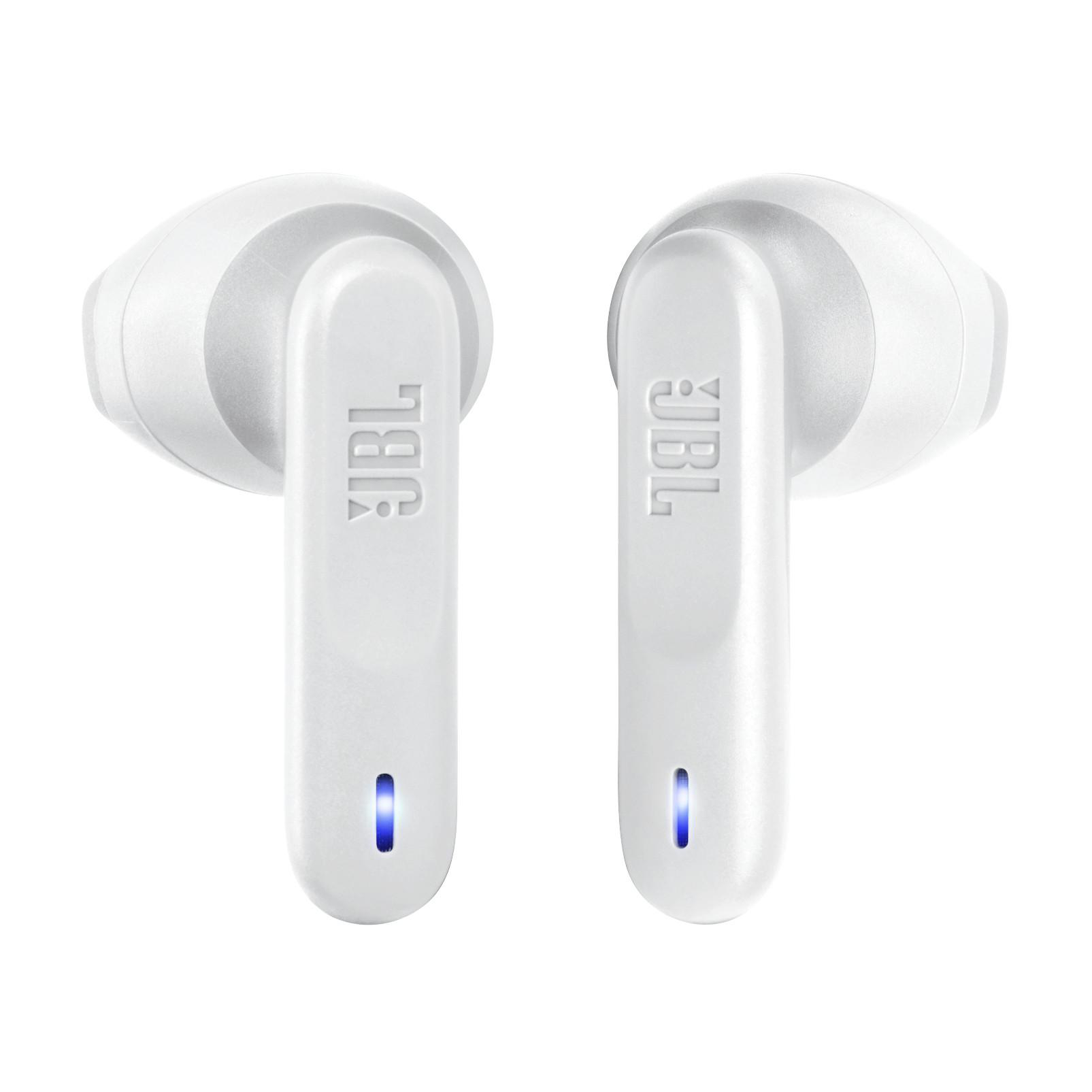 Paar weiße JBL-Ohrhörer mit je einem blauen Licht auf weißem Hintergrund.