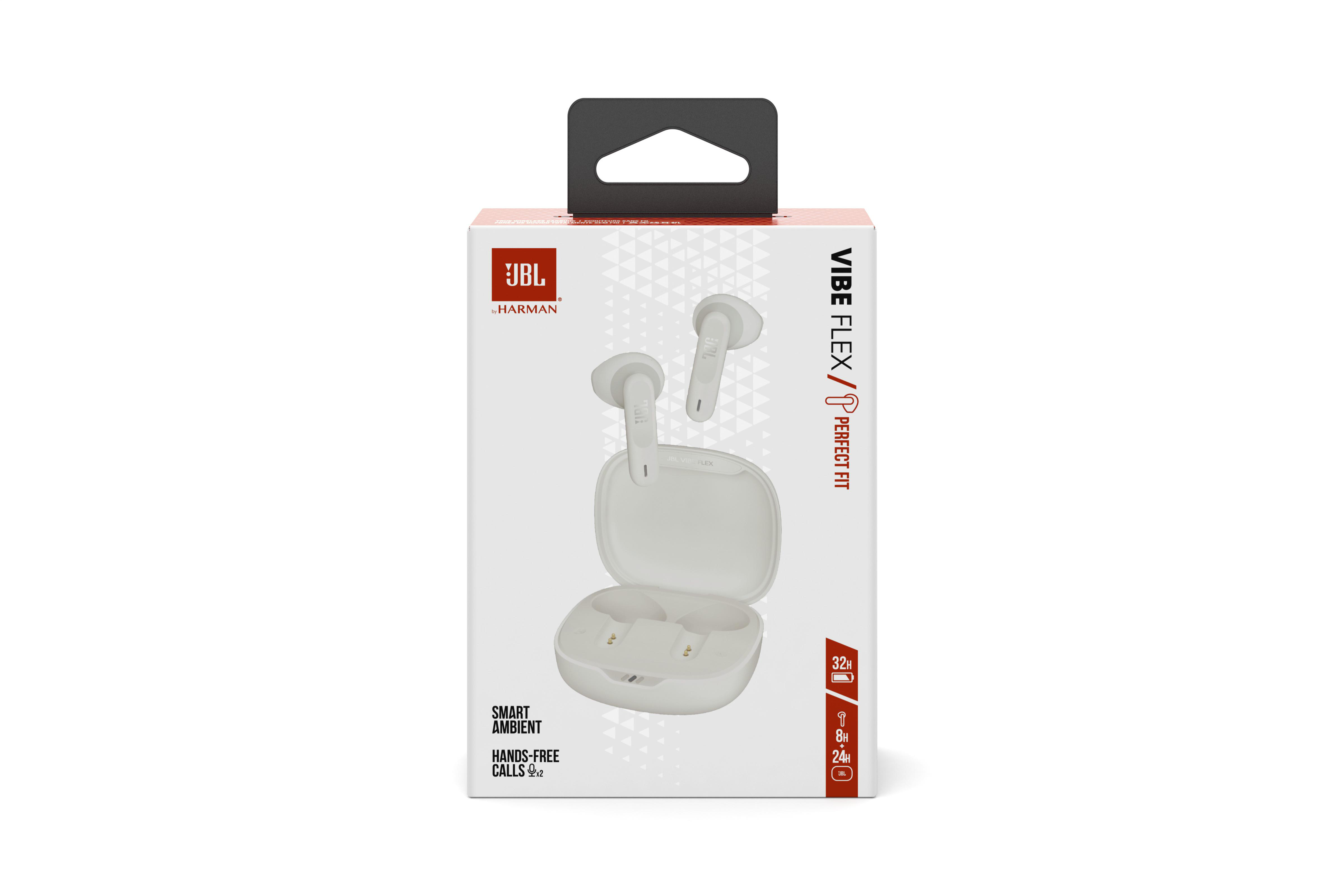 JBL Vibe Flex Kopfhörerbox. Weiße Ohrhörer und Ladecase sind abgebildet.