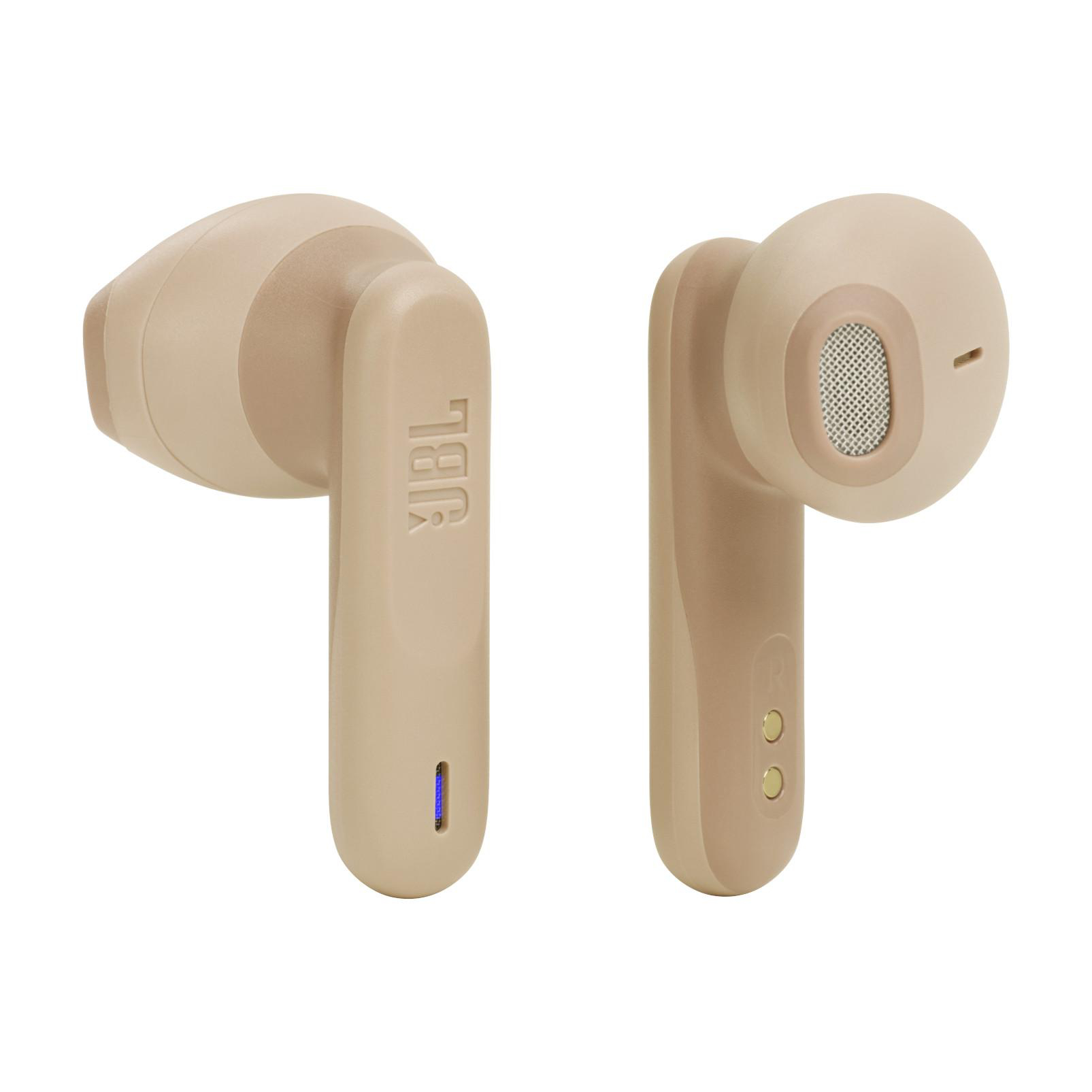 Zwei beige JBL-Ohrhörer.