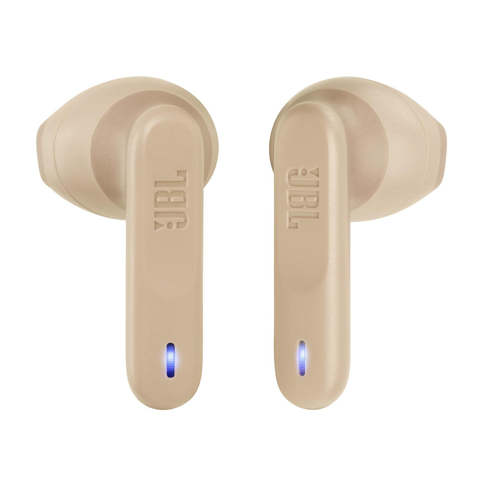 Zwei beige JBL Ohrhörer mit einem blauen Licht unten.