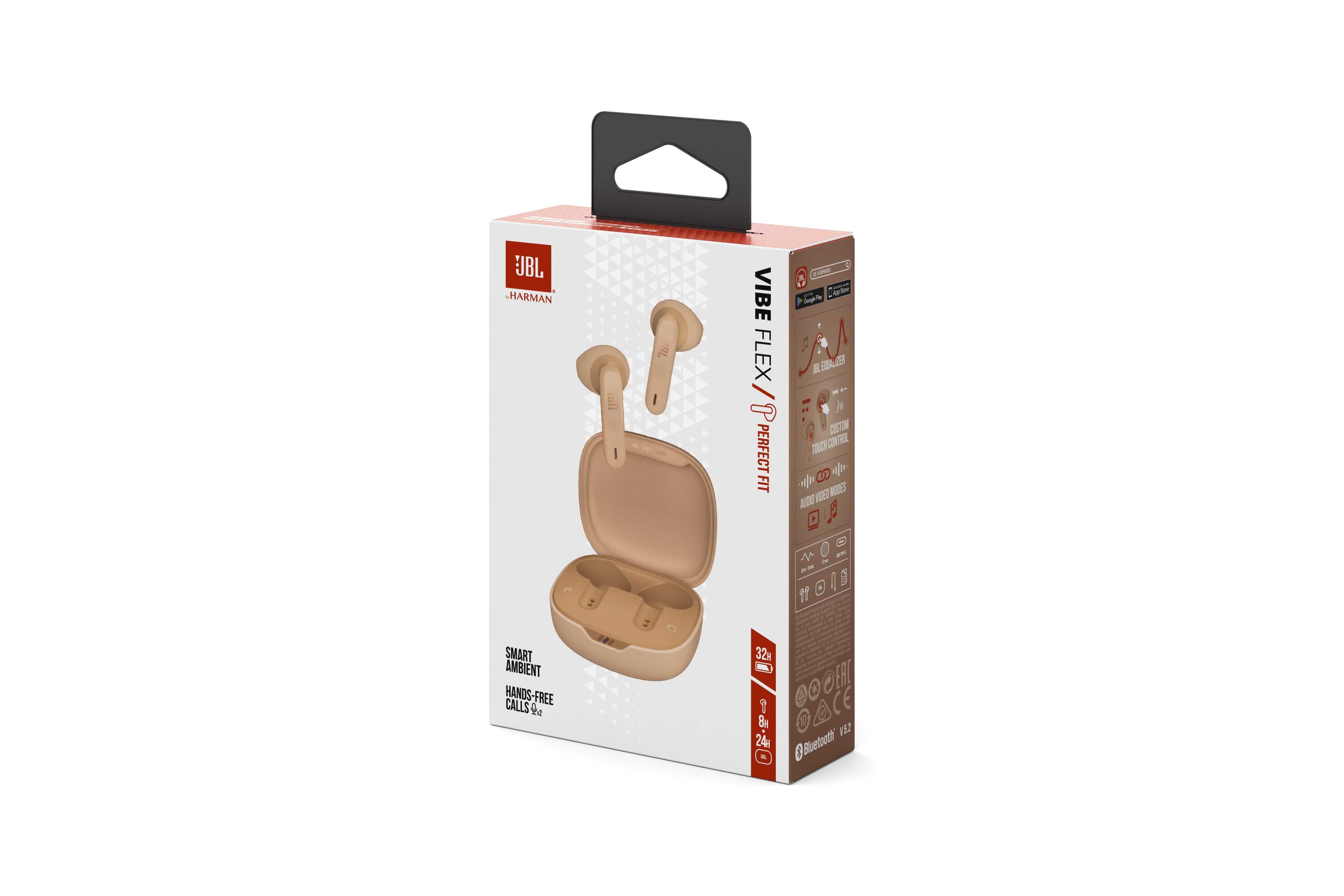 Ohrhörer in einer Box mit dem JBL-Logo, dem Modell Vibe Flex und einer Grafik, die die Ladezeit und den Akku zeigt.