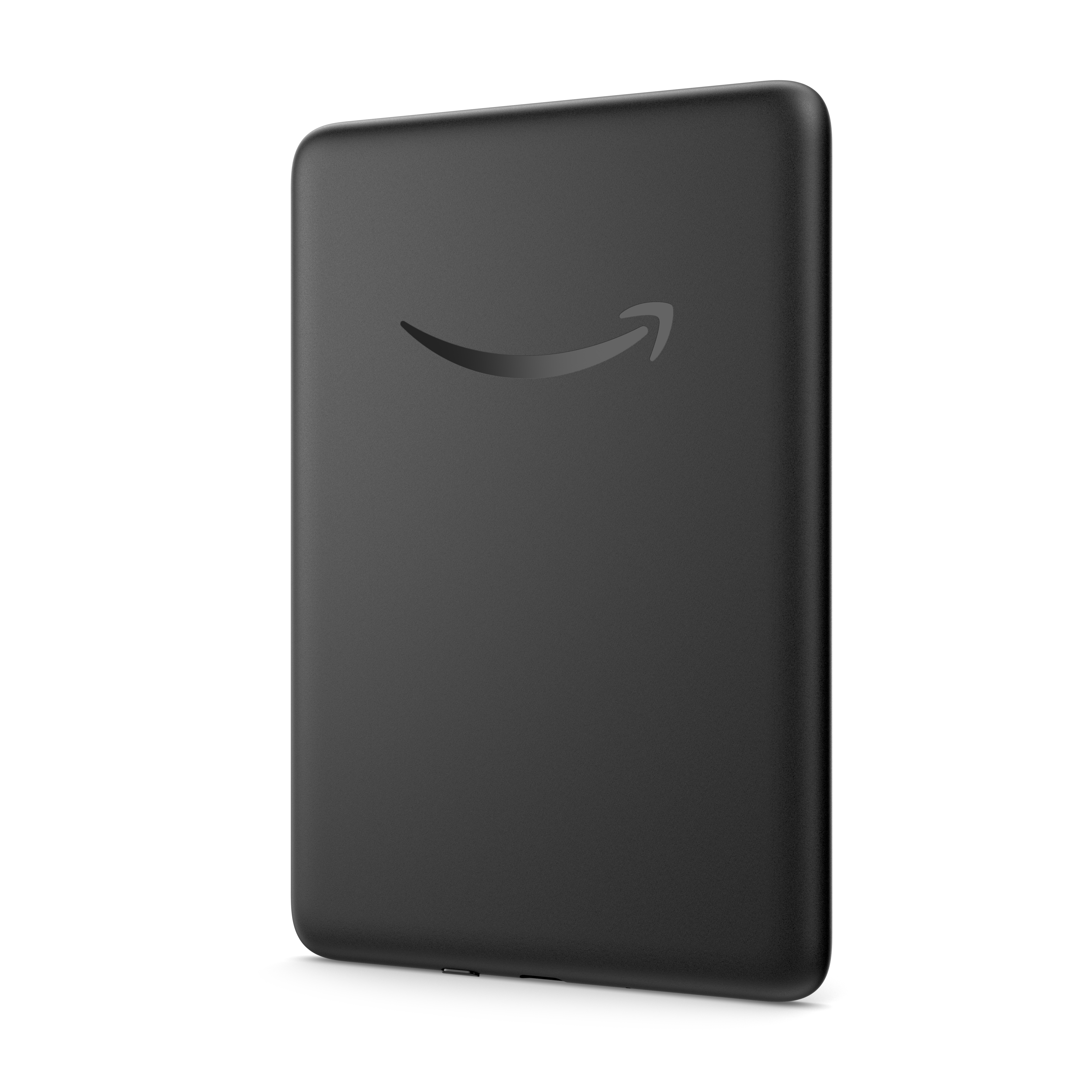 Ein schwarzes Amazon Kindle Tablet mit dem Amazon-Logo auf der Rückseite.