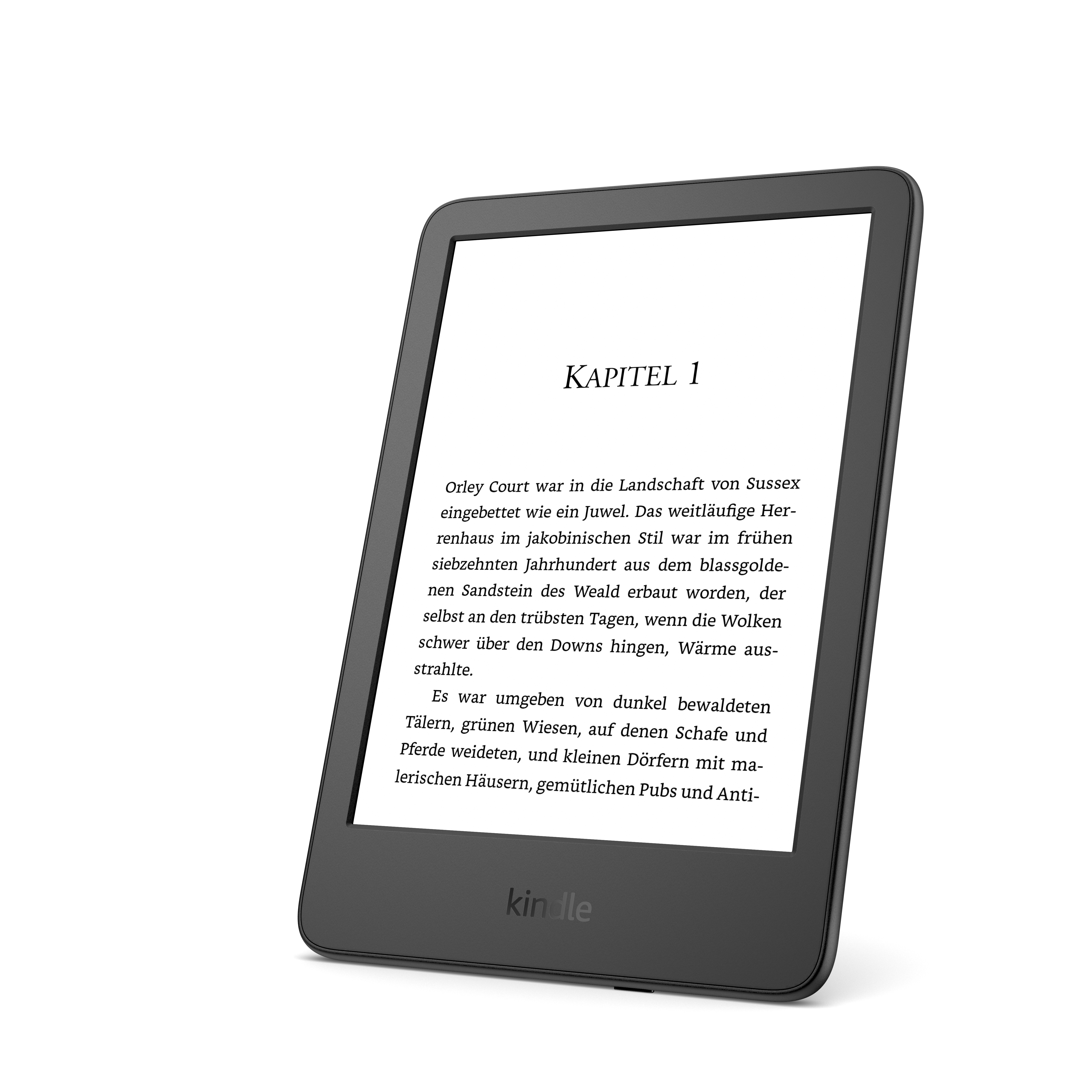Schwarzer E-Reader zeigt Text auf dem Bildschirm, mit dunklem Hintergrund.