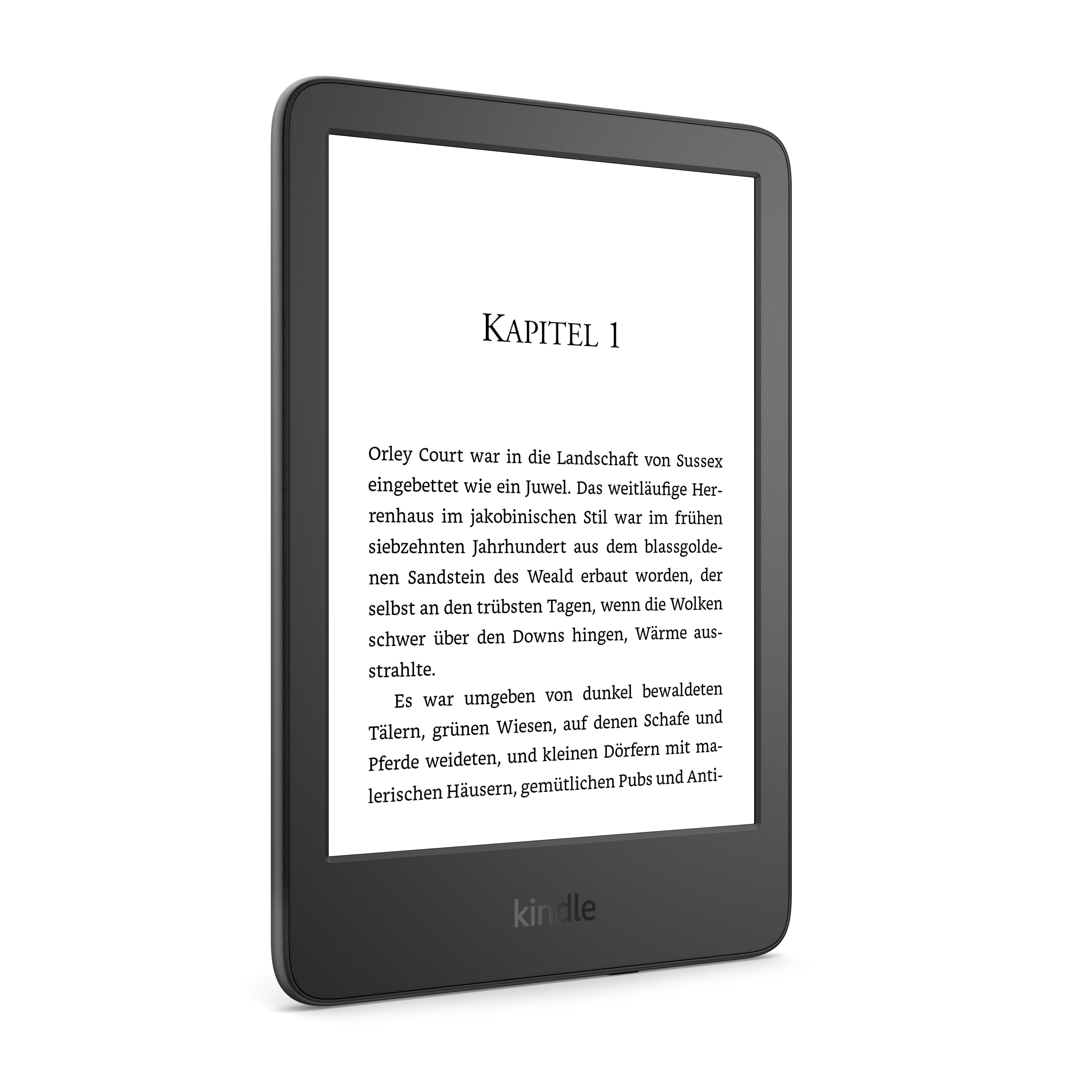 Kindle E-Reader, der Text anzeigt. Der Text ist auf Deutsch, auf dunkler Oberfläche.