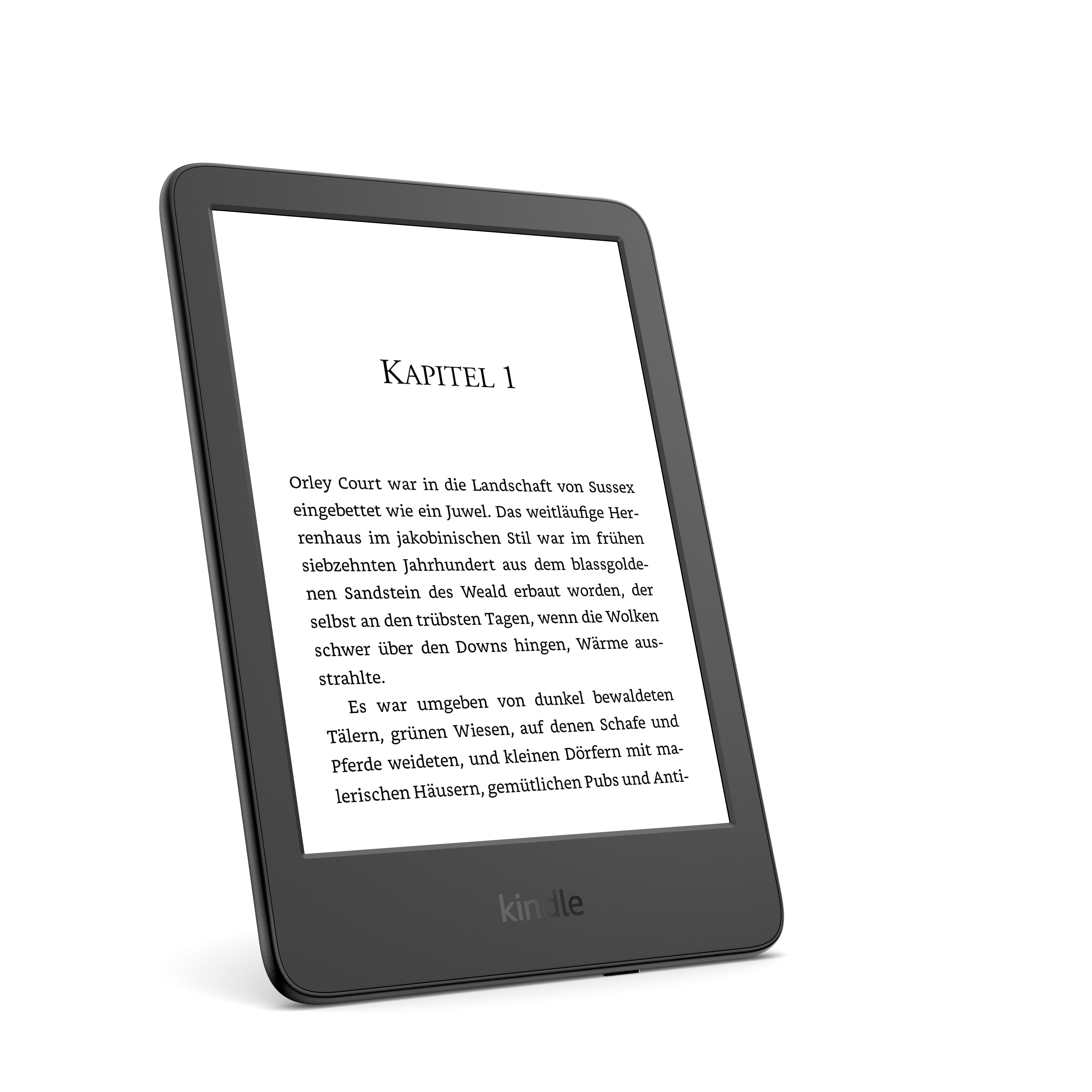 Schwarzer Kindle mit Text. Der E-Reader ist leicht geneigt. Der Hintergrund ist dunkel.