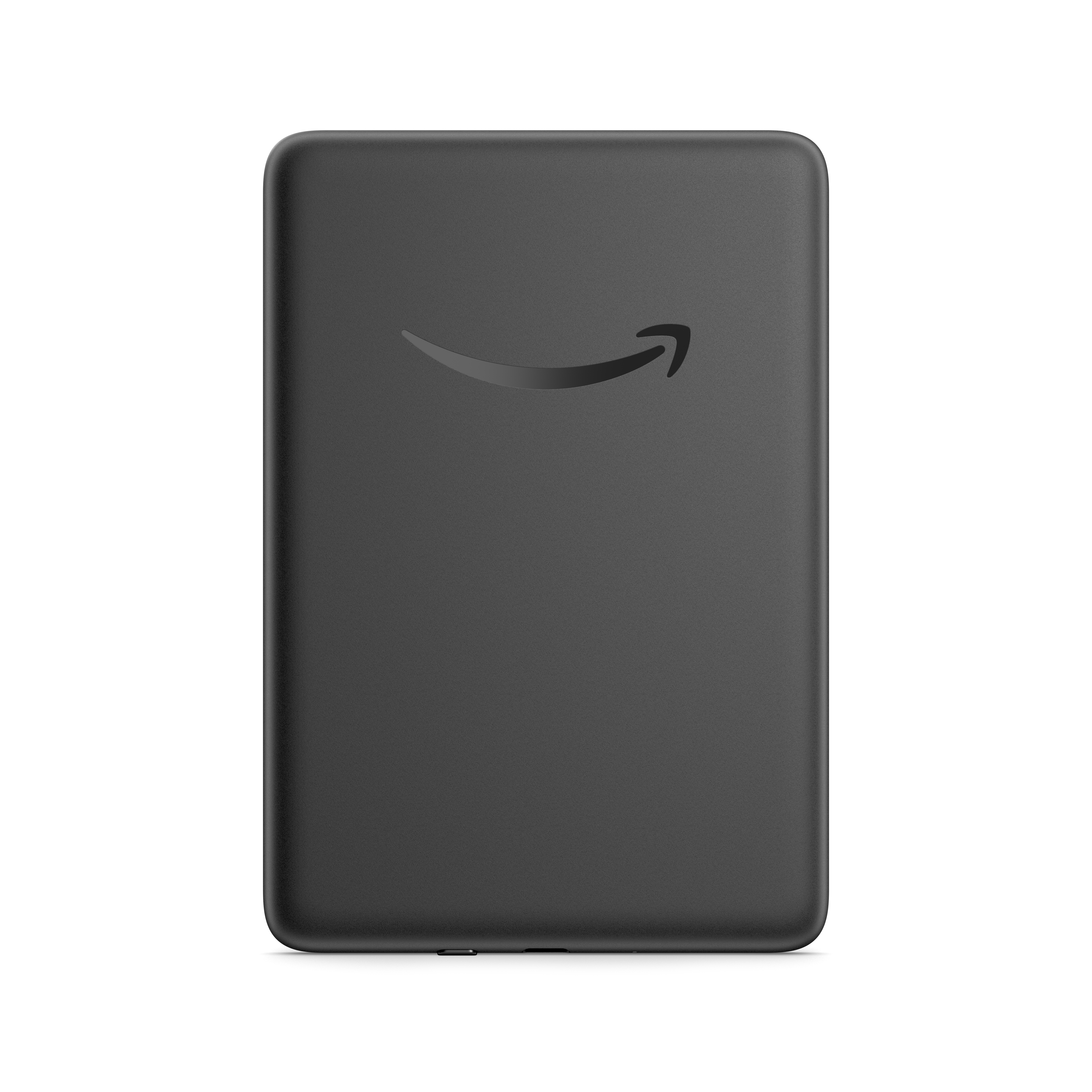 Schwarzer Amazon Kindle E-Reader, Rückansicht mit dem Amazon-Logo.