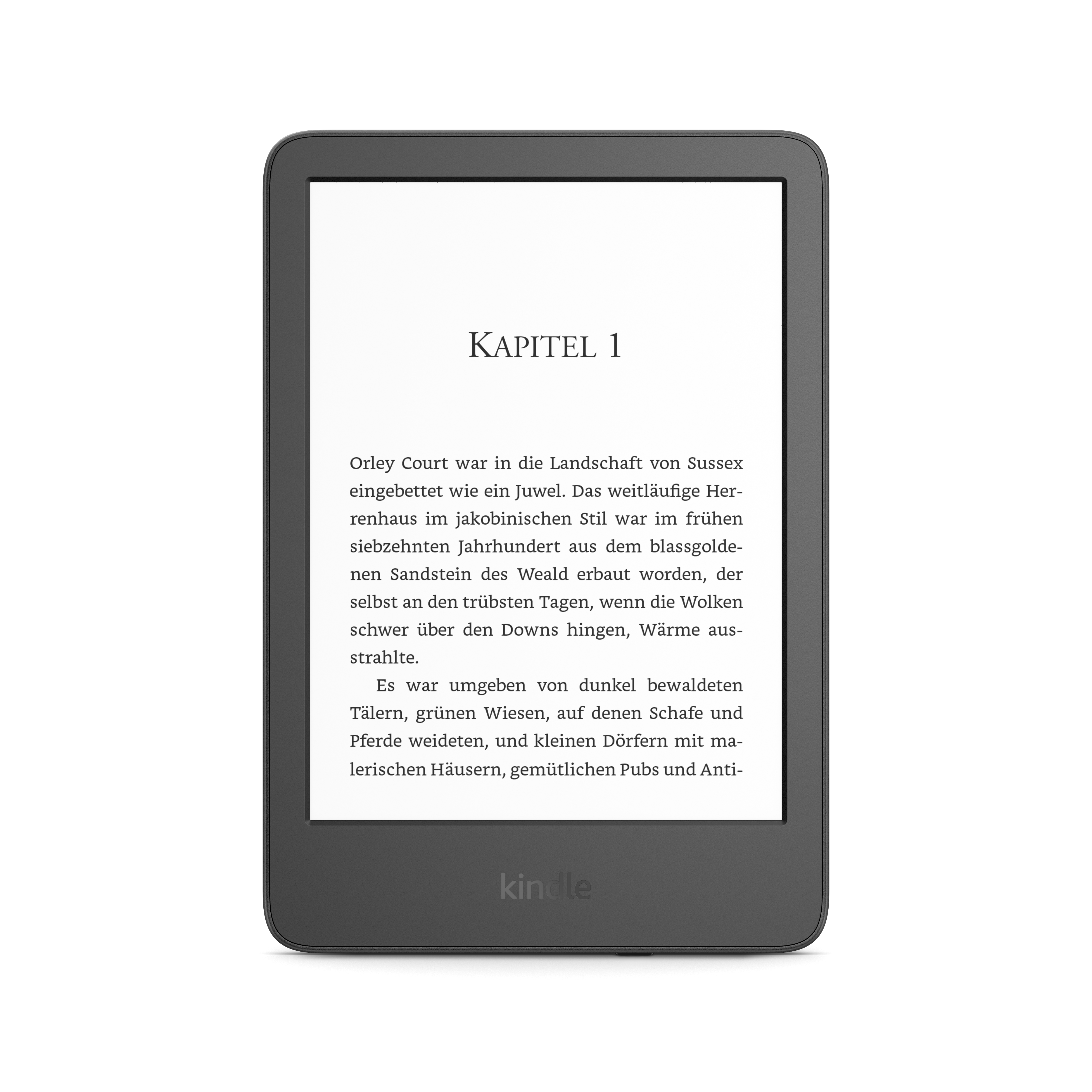 Grauer Kindle-E-Reader mit Text. Das Gerät hat ein schlichtes Design.